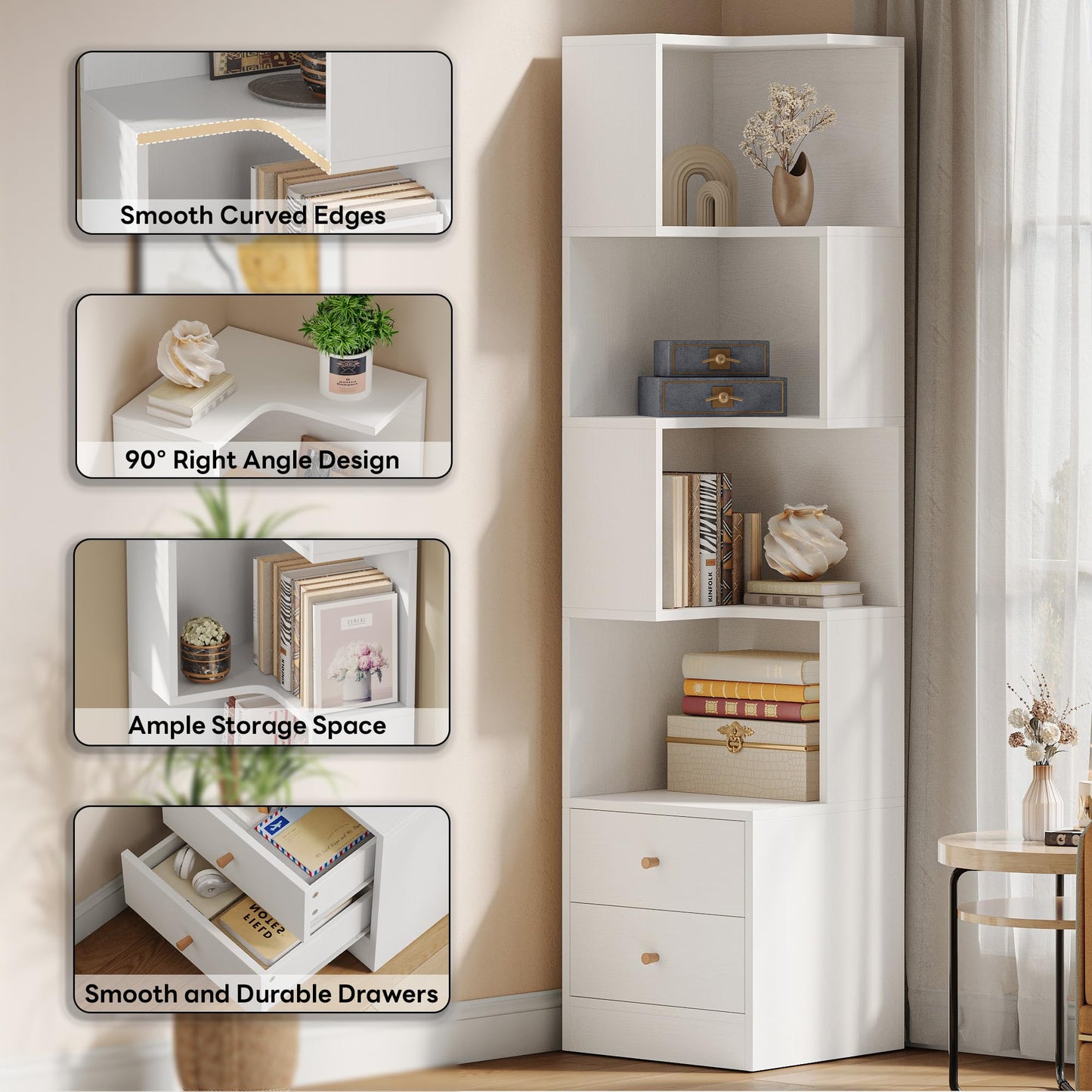 IRONCK Corner Bookshelf, 70.87" Tall Corner Bookcase with Drawers, Corner Shelf Storage Display Rack for Living Room Home Office, White