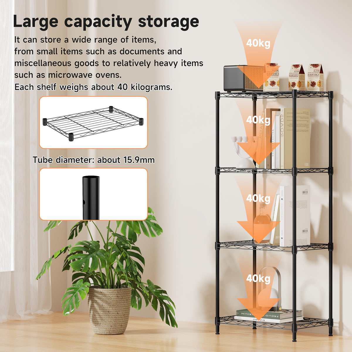 IZEUK 4 Tier Metal Wire Shelf Unit, Black Storage Rack Organizer for Kitchen, Bedroom, Living Room or Laundry Room, 17.7" W x 11.8" D x 41.9" H