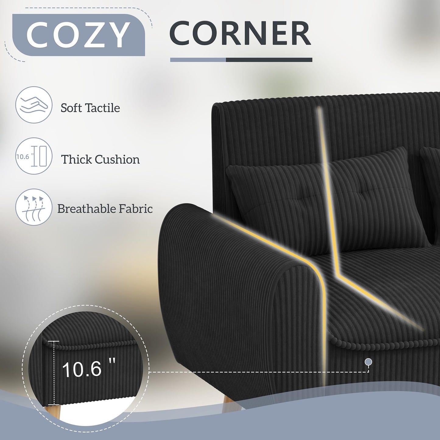 Shintenchi 48'' Loveseat Sofa, Mid-Century Modern Upholstered Couch Deep Seat with 2 Pillows, 10" Thick Cushion with Spring, Solid Wood Frame Small Couch for Living Room, Dorms & Office, Black