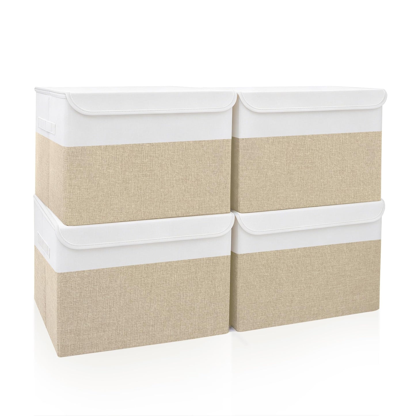 Bagnizer Large 22 Quart Linen Fabric Foldable Storage Bin Cube Organizer Basket with Flip-Top Lid & Handles, Clothes Blanket Box for Home, Office, Closet, Beige & White, 4 Pack 14.6 x 9.5 x 9.5”