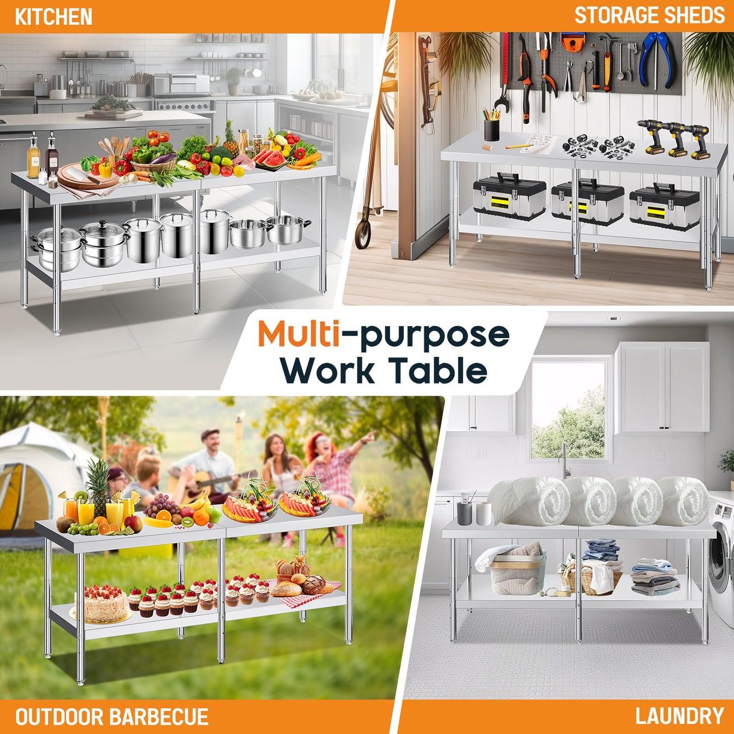 30" x 82" Commercial Stainless Steel Prep Table with Adjustable Under Shelf & Feet - Ideal for Kitchen, Restaurant, Hotel, Garage Workstation