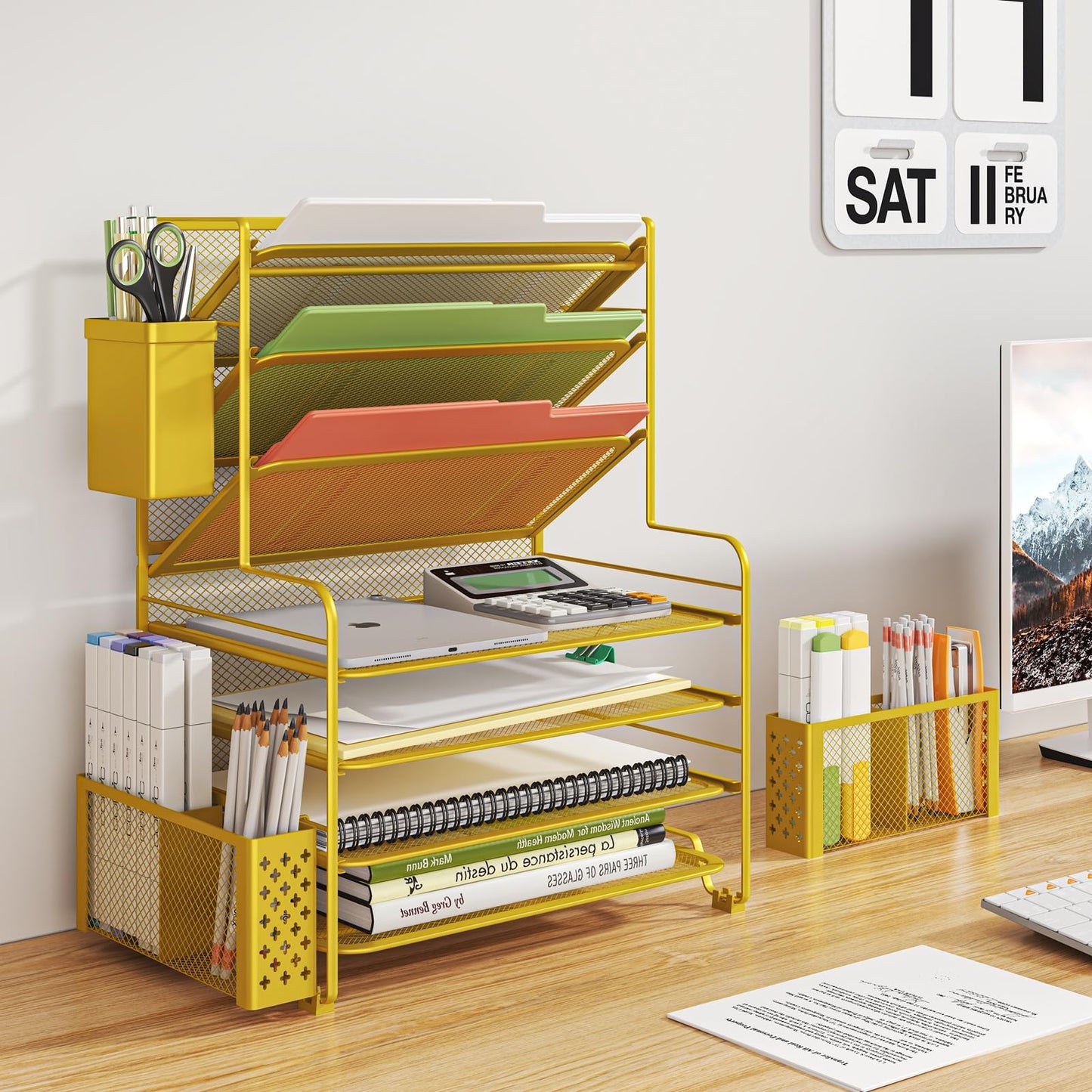 Simple Trending 7 Tier Desk File Organizer, Letter Tray Paper Organizer with Pen Holder and Metal Hanging Basket, Gold