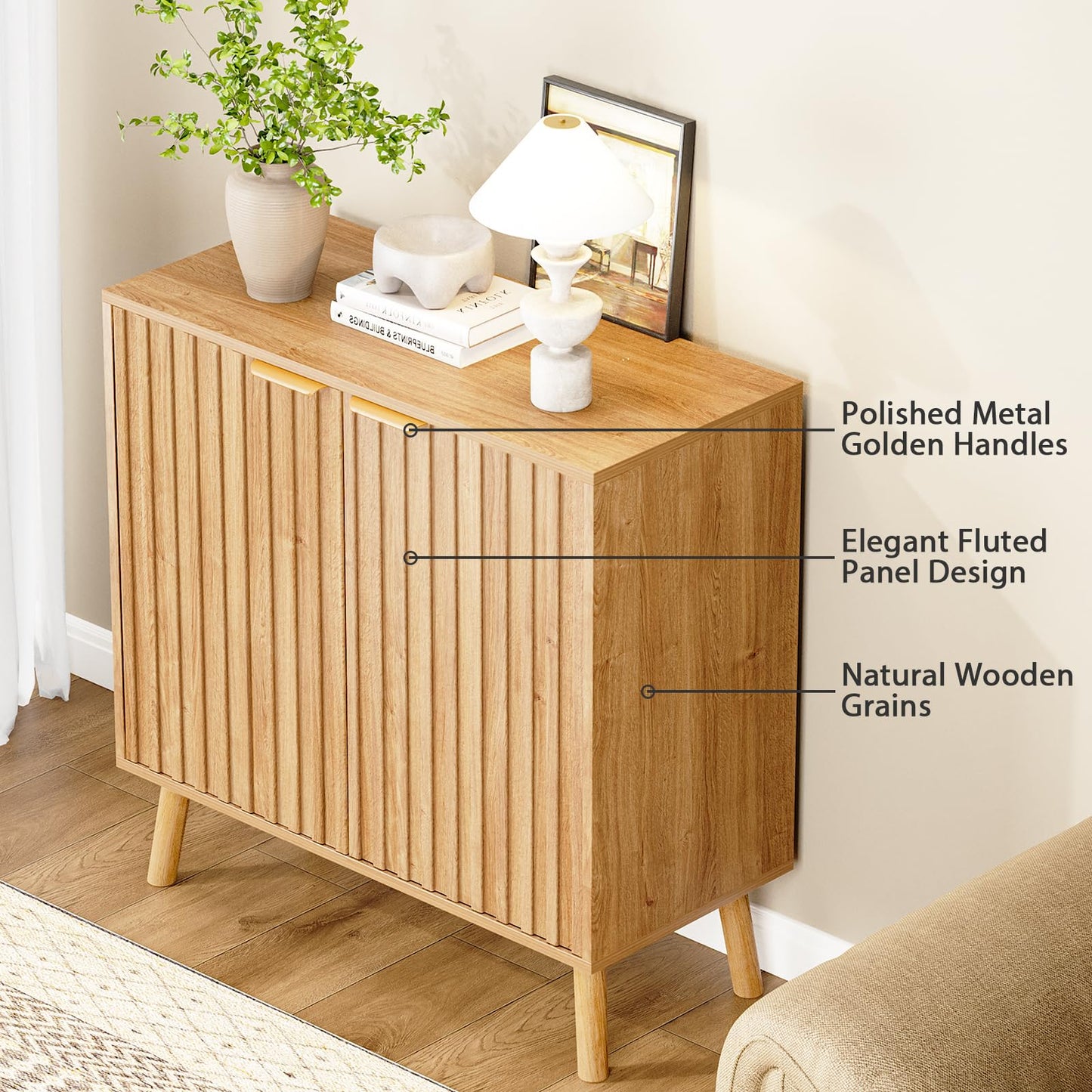 REHOOPEX Fluted Storage Cabinet, Buffet Cabinet Sideboard, Modern Accent Cabinet Console Table for Entryway, Living Room