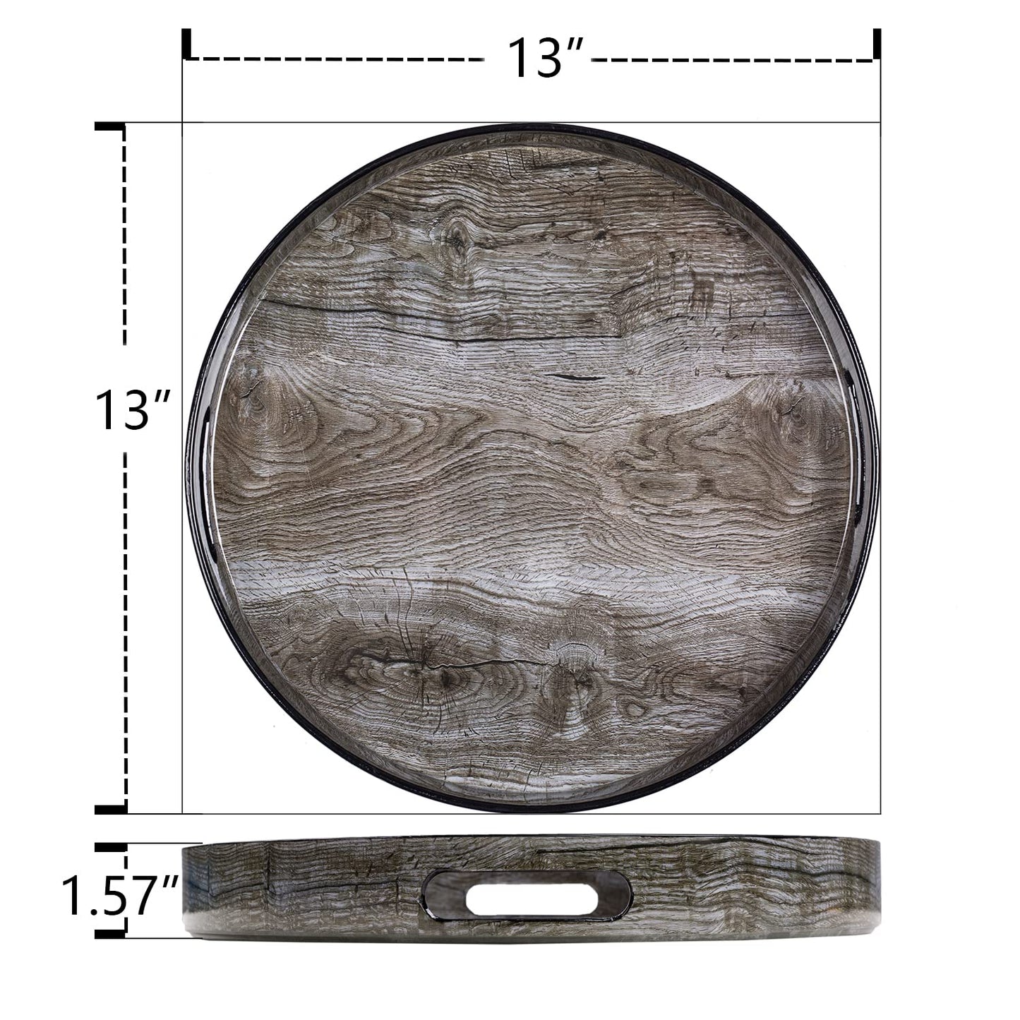 MAONAME 13" Round Decorative Tray, Plastic Tray with Handles, Coffee Table Trays, Serving Trays for Ottoman, Bathroom, Kitchen (Sticker Wood Grain)