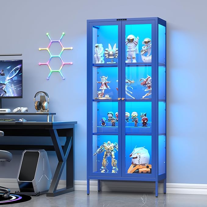 UNICOLY Display Cabinet with Glass Doors, Glass Display Cabinet with 8 Color