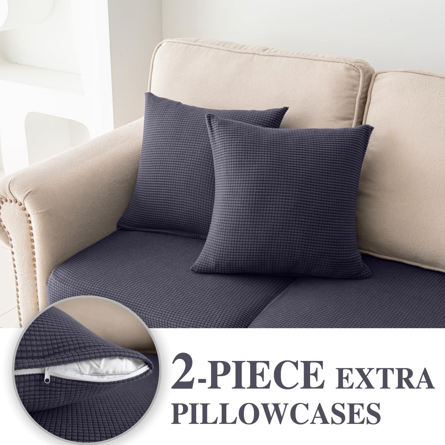 LA MEACK Couch Cushion Covers for Sectional Sofa L Shape Washable Separate Seat Chaise Couch Cover Stretch Sofa Slipcovers with 2 Pcs Pillowcases(3 Seater + 1 Chaise, Dark Grey)