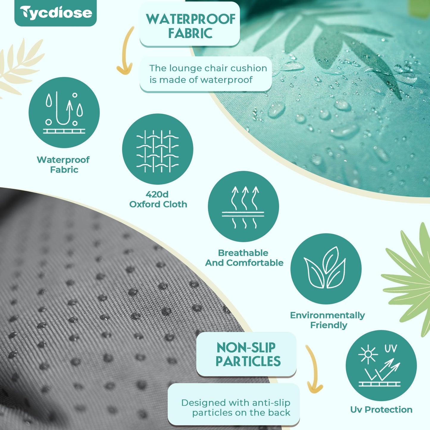 Tycdiose Outdoor Chaise Lounge Chair Cushion Waterproof 74.4 x 22 x 4.7 Inches Thickened Memory Foam Patio Lounge Chair Cushions Replacement for Outdoor Furniture with Ties, Cyan Floral Leaf