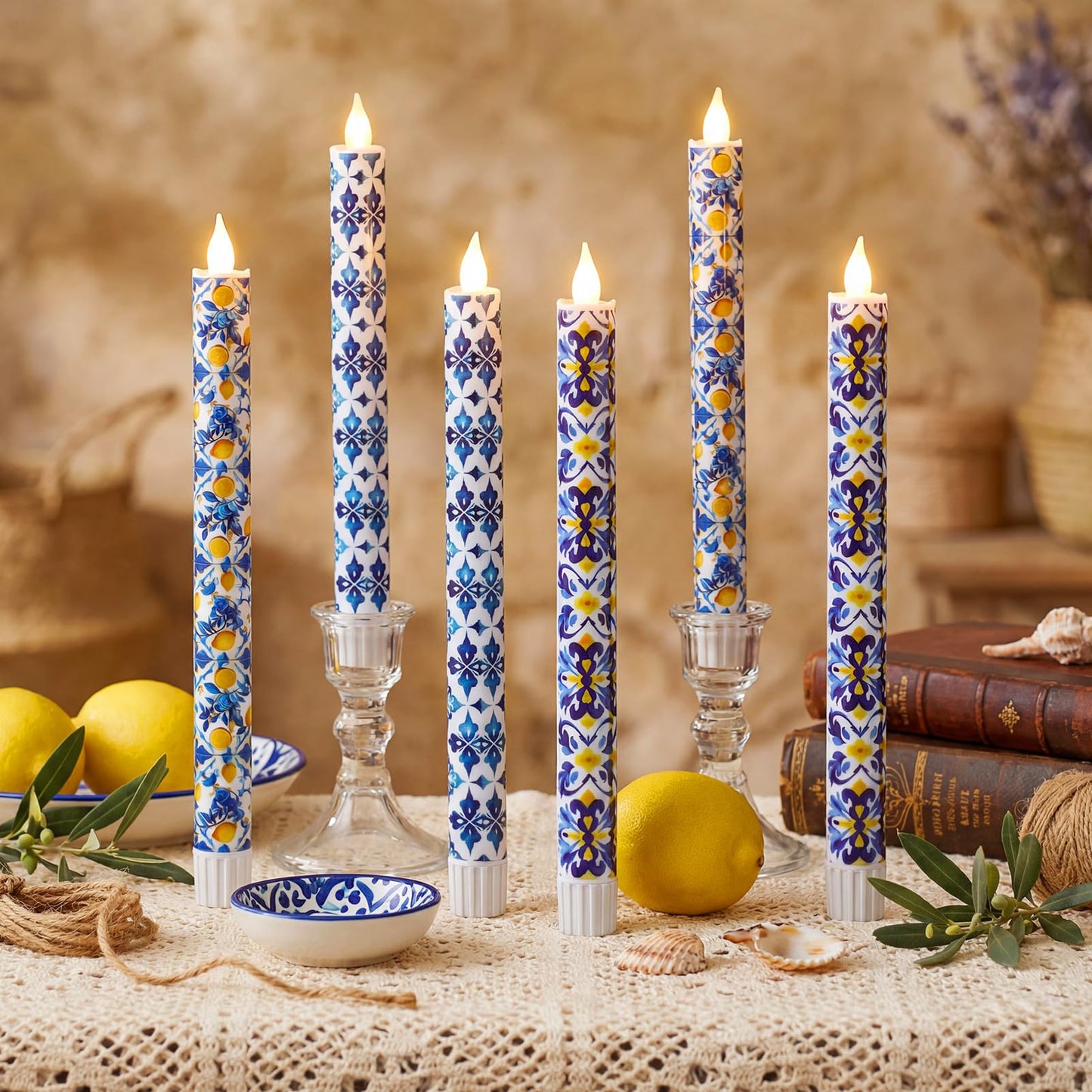 Lyrow 6 Pcs Amalfi Coast Party Decorations Mediterranean Flameless Candles LED 11 Inch Capri Lemon Table Candles Decor for Mediterranean Italian Summer Wedding Gifts Home Decor