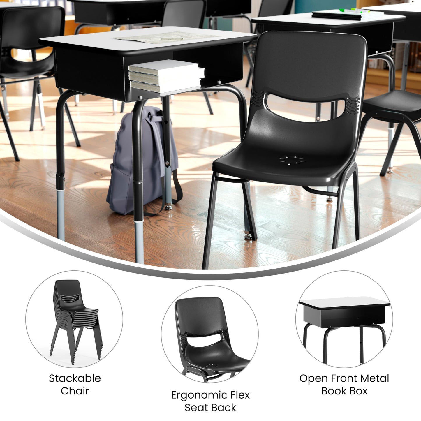 Flash Furniture Hercules Student Desk with Open Front Metal Book Box, Desktop, and Frame and Heavy-Duty Flex Comfort Classroom Stack, Set of 1, Gray Top/Black Chair