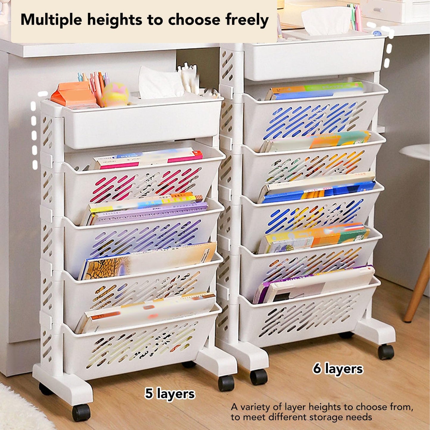 Removable Plastic Bookshelf for Home Study Room - 5 Tiers Mobile Storage Organizer Shelf With Wheels - Book Rack Cart