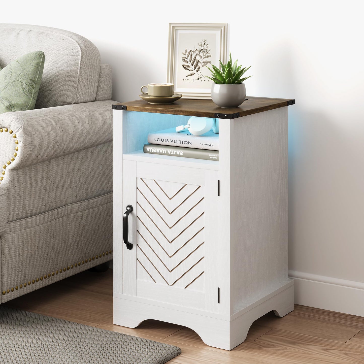 RoyalCraft Farmhouse Nightstand, End Table with LED Lights and Charging Station, Tall Bedside Table with Large Storage and Shelf, Wooden Side Table for Bedroom, Home Office, White and Rustic Oak