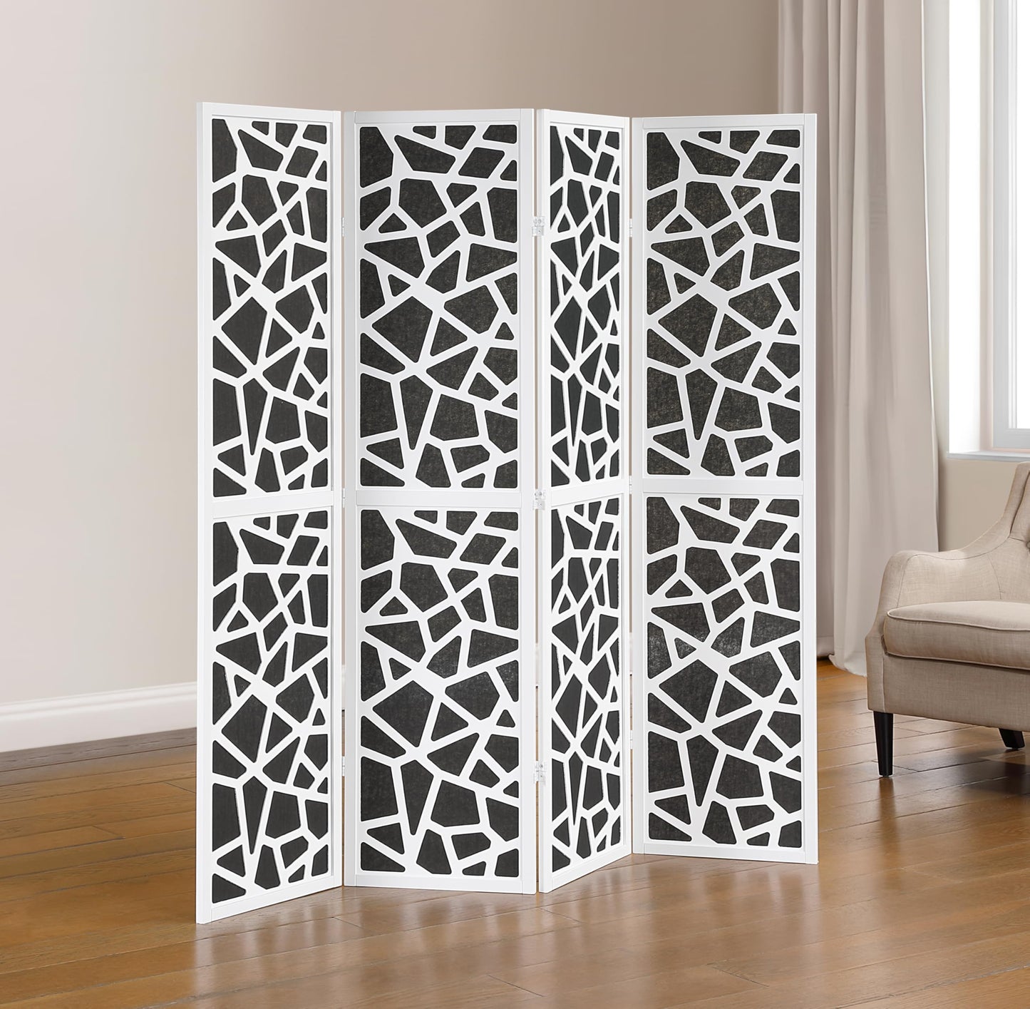 Roundhill Furniture Aurra 4-Panel Wood Room Divider, Folding Portable Partition Screen, Black Screen with White Frame