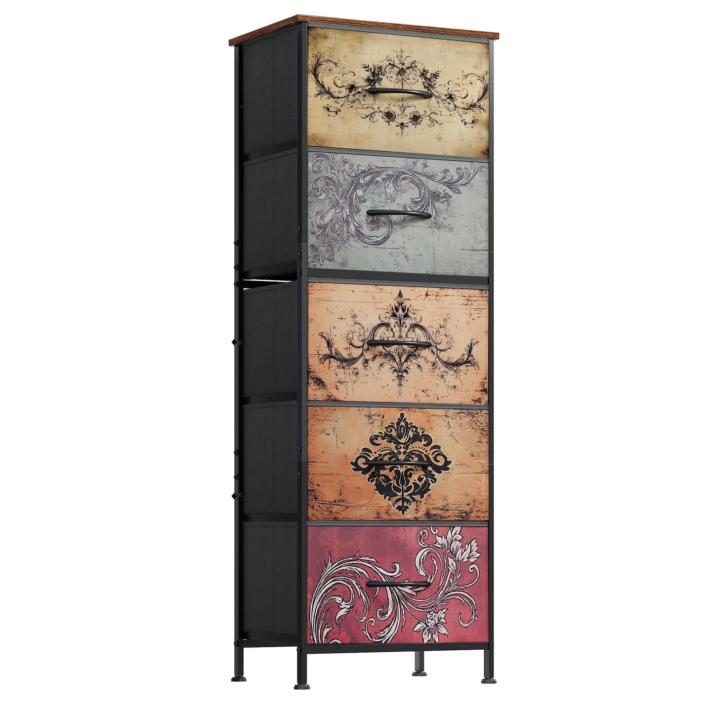WLIVE Fabric Dresser, 5-Drawer Tall Dressers for Bedroom, Storage Dresser Organizer with Fabric Bins, Wood Top, Sturdy Steel Frame, Chest of Drawers for Closet, Hallway, Pattern