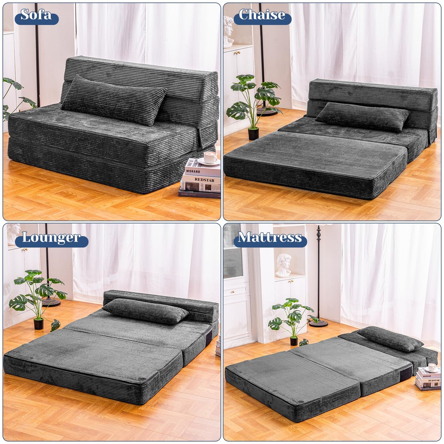 Cvortll Folding Sofa Bed, Convertible Sleeper Chair with Pillow, High Density Memory Foam Fold Out Couch, Foldable Mattress Futon Sofa for Living Room/Dorm/Guest Use/Apartment/Home Office