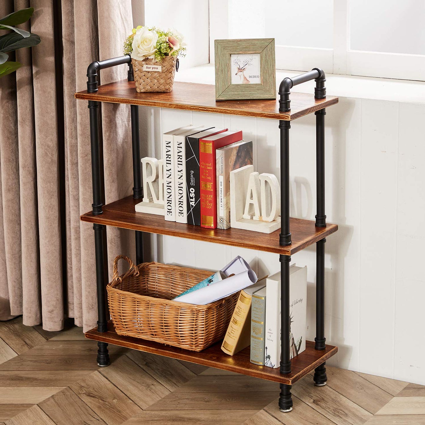 Anynice Industrial Bookshelf, Rustic Open Bookcase, 3 Tier Wood and Metal Bookshelves, Solid Pine Wood and Iron Pipe Storage Shelf Narrow Small Space Organizer for Living Room Office Bedroom Kitchen
