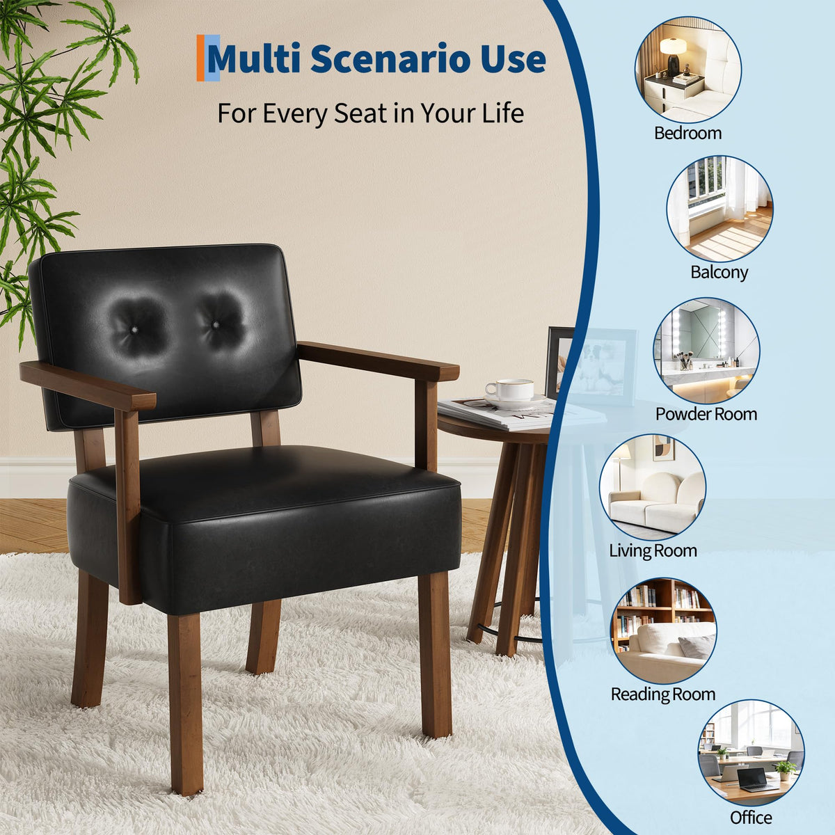 Garvee Mid-Century Accent Chair Set of 2 with Wood Frame, PU Leather Upholstered Lounge Arm Chair with Classic Button Tufting Reading Leisure Chair for Living Room, Bedroom, Balcony, Black