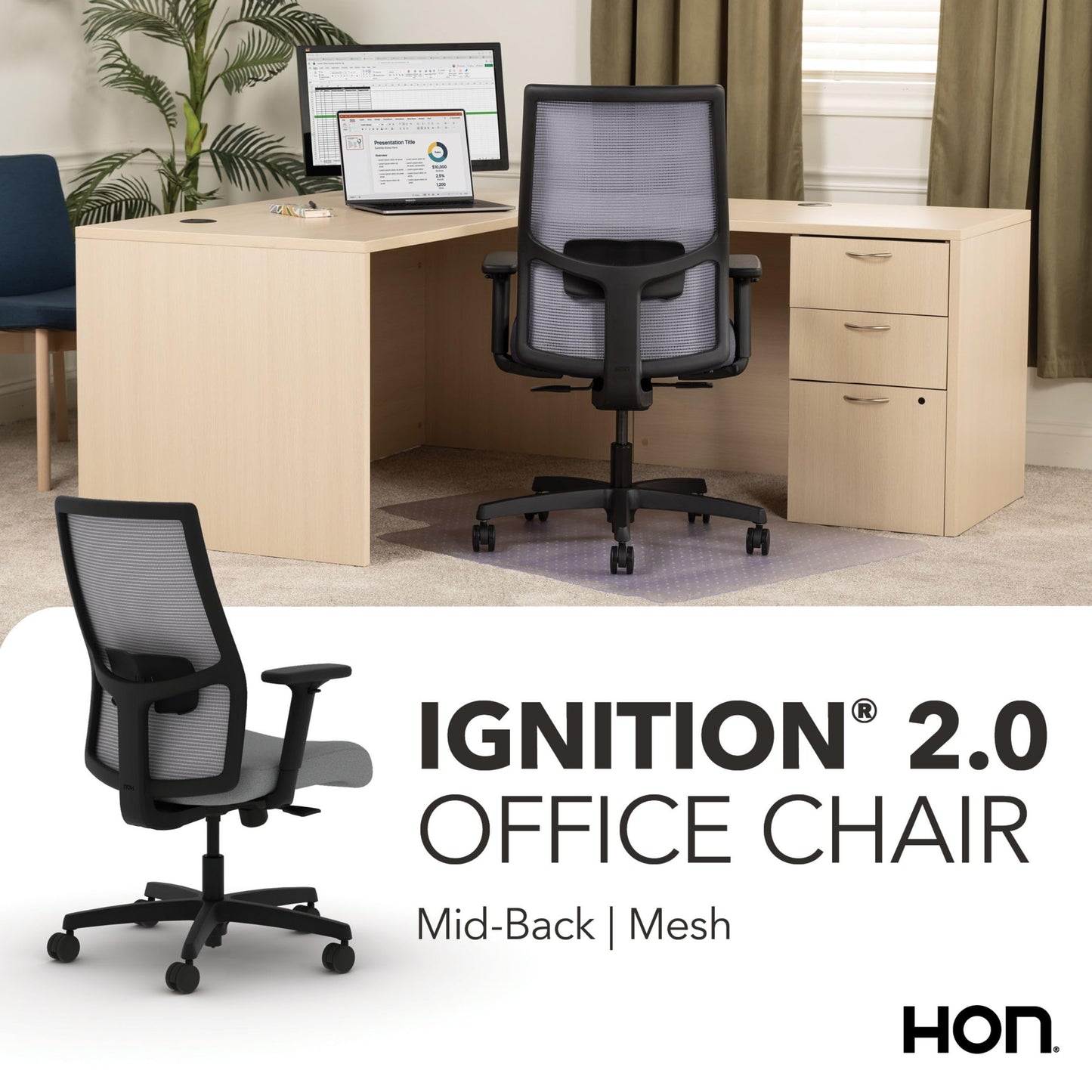 HON Ignition 2.0 Mid‑Back Ergonomic Office Chair, Mesh Task Desk Chair with Lumbar Support, Standard Synchro‑Tilt, Height and Width Adjustable Arms, Black Frame, Frost