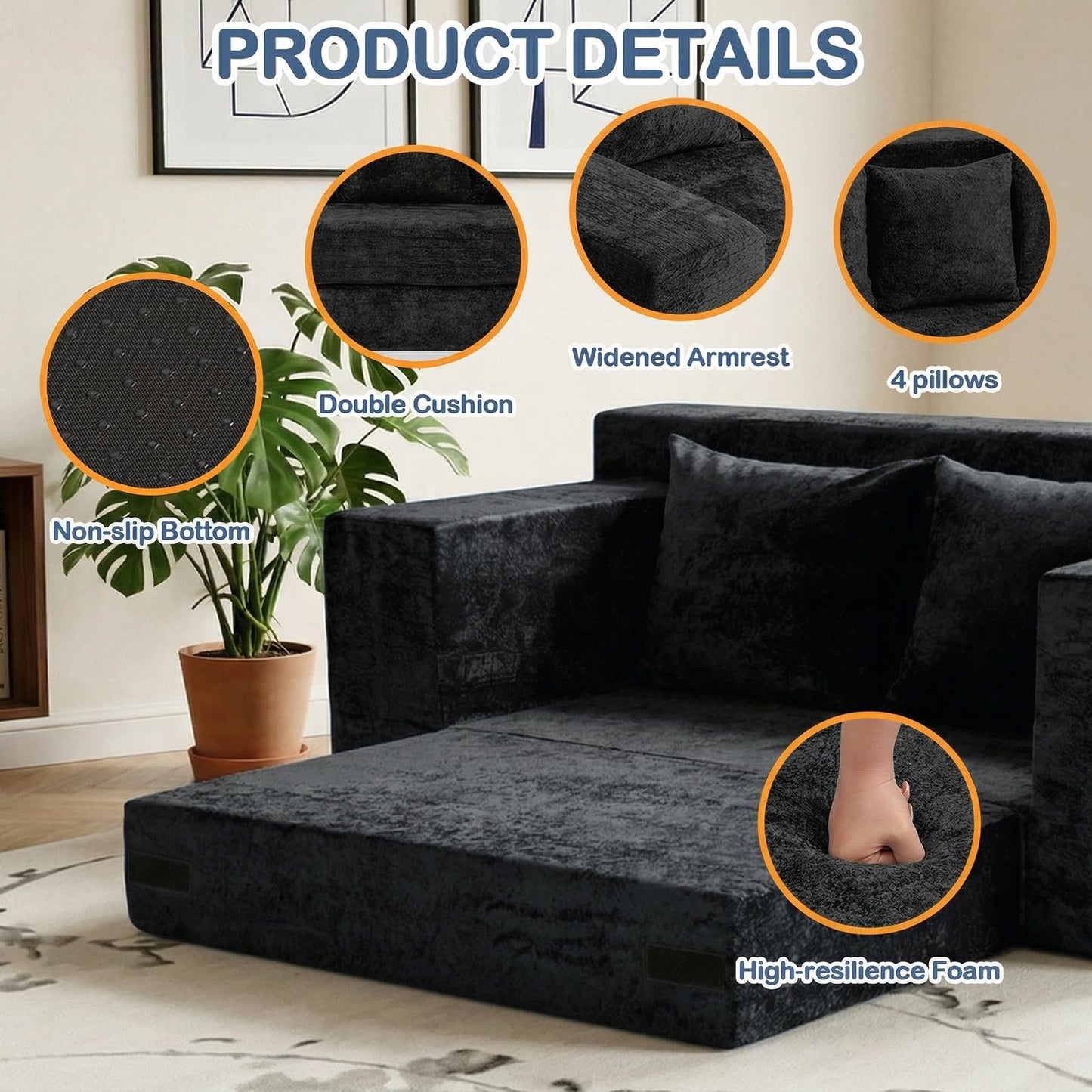 Winzoo Boneless Loveseat Sleeper Sofa Bed, 3-in-1 Convertible Sofa Bed and Floor Futon Couch (Velvet-Black, Loveseat (55"))