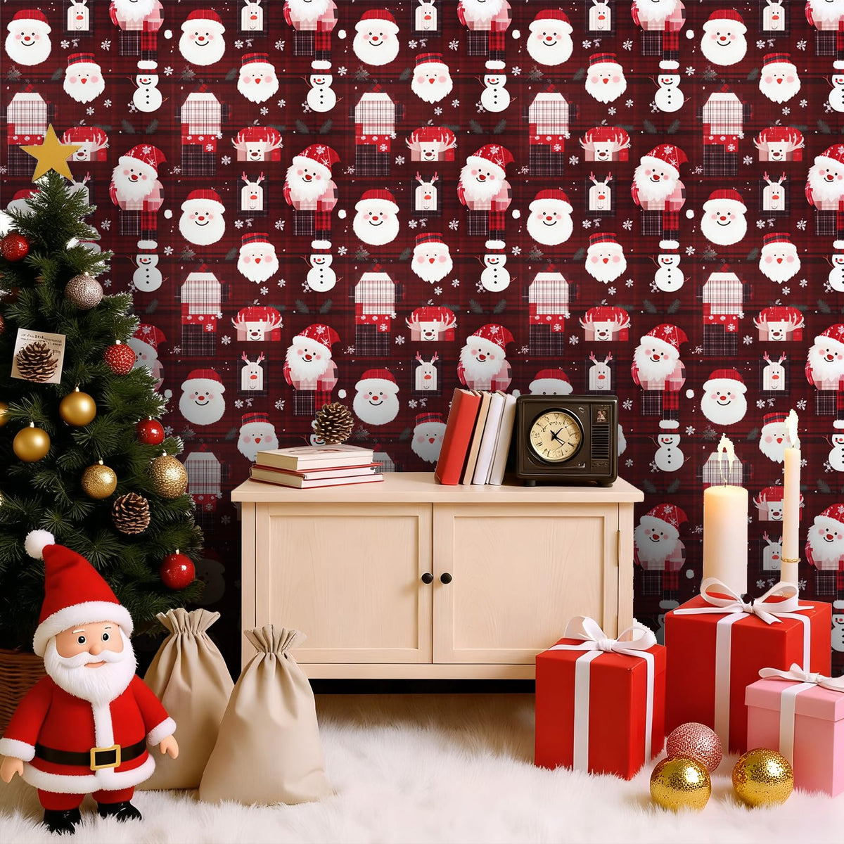 Timeet Christmas Peel and Stick Wallpaper Santa Claus & Snowman Contact Paper Red Plaid Holiday Wall Paper Decor Removable Self-Adhesive Wallpaper Vinyl Christmas Decoration 17" x 196.8"
