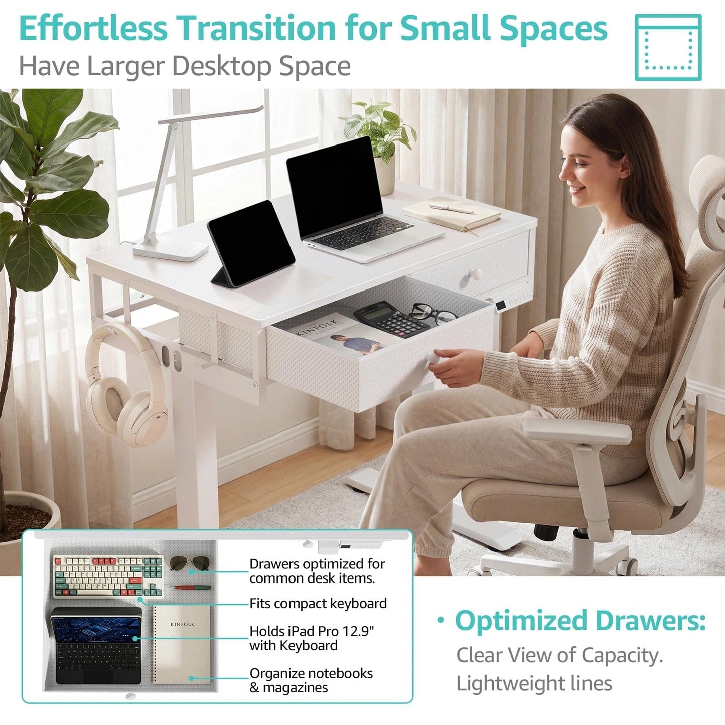 White Electric Standing Desk with Drawers, 32 Inch Small Adjustable Desk with Storage, Stand Up Computer Study Writing Desks for Small Space Home Office Bedroom, Sit Stand Work Desks for Walking Pad