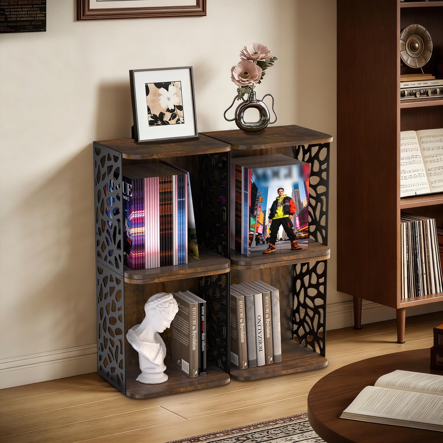 CILXGQLN 1 Cube of Magazine Rack, Modern Floor Magazine Holder with Rustic Wood & Metal Design, Large Capacity Stackable Organizer for Living Room & Office & Bedroom