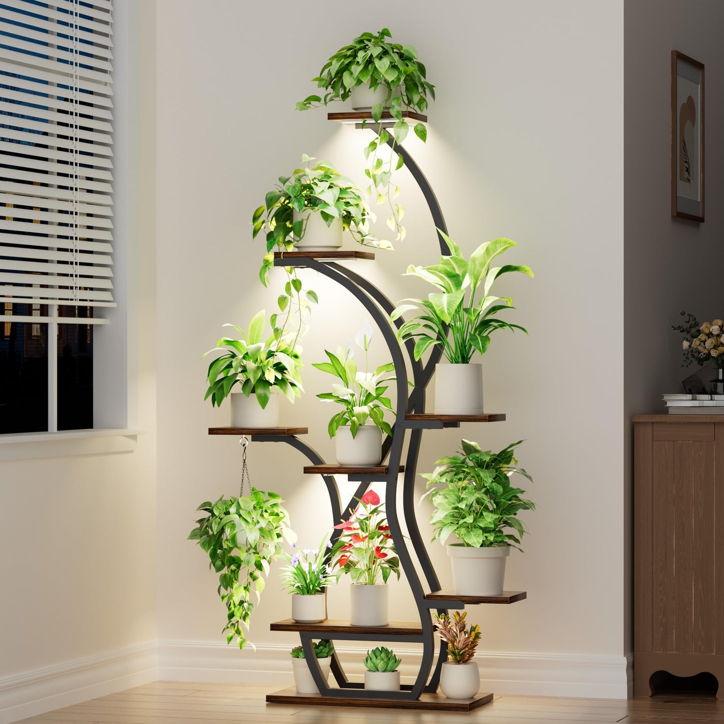 EVAWOO Plant Stand Indoor with Grow Lights - 8 Tiered Corner Plant Shelf Indoor, 65" Tall Lighted Plant Holder for House, Black