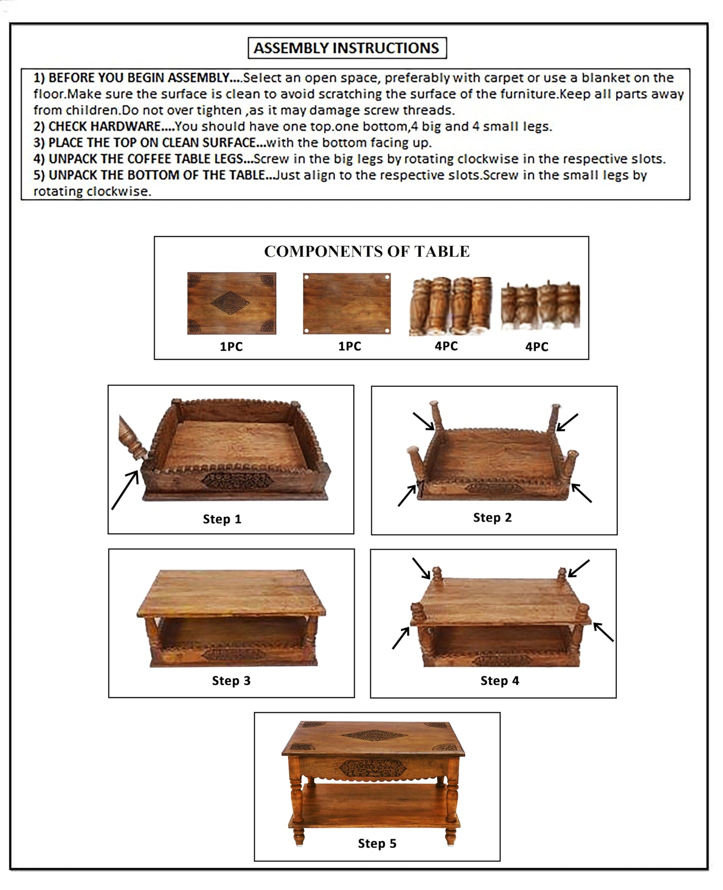 COTTON CRAFT Hand Carved Solid Wood Coffee Table with Storage Shelf – Antique Brown 100% Mango Wood Center Table for Living Room – Easy Assembly Rustic Farmhouse Cocktail Table - 30.5 x 21.5 x 18 H
