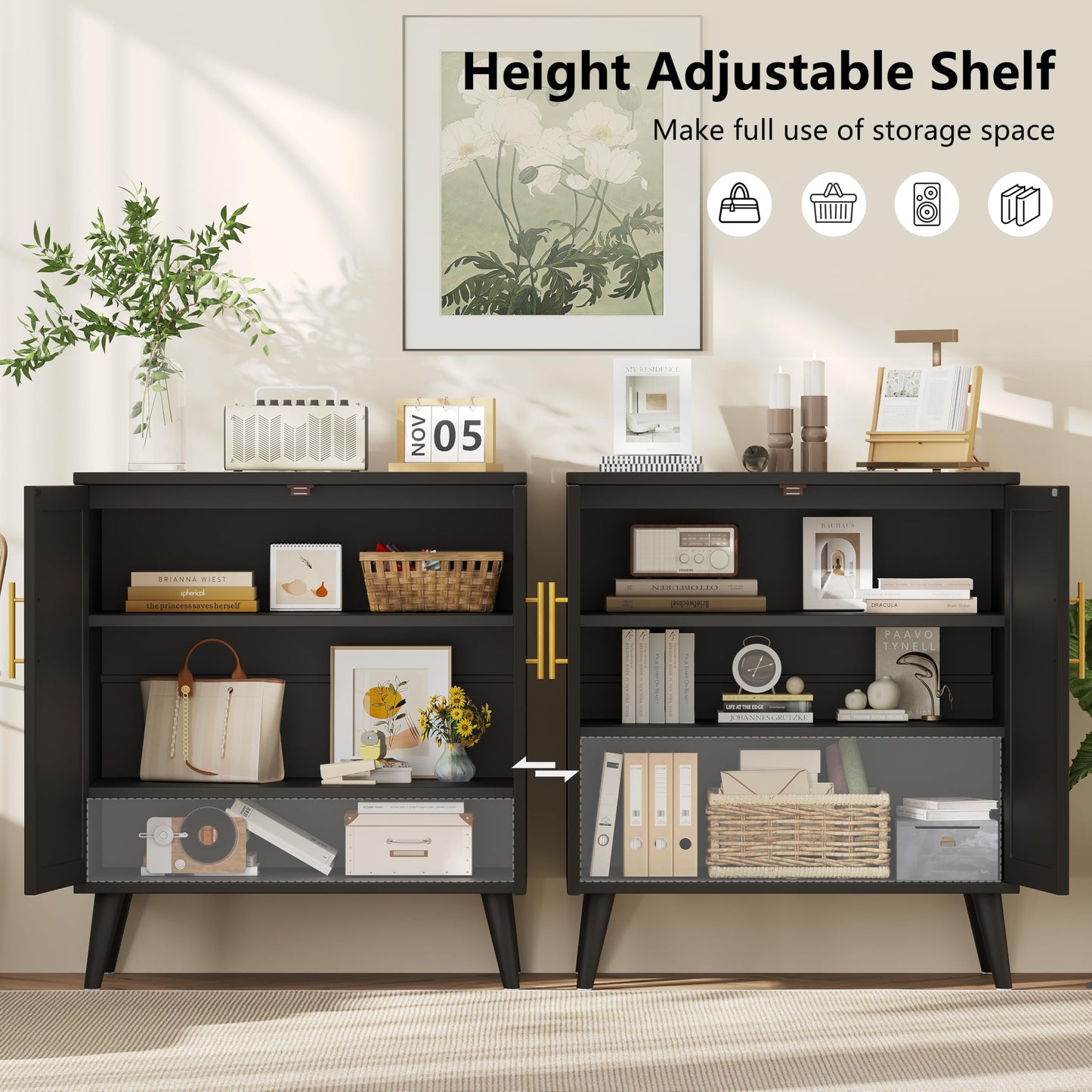 Keehusux 15.7" D Black Buffet Cabinet with Storage, Accent Buffet Sideboard with Adjustable Shelf and Solid Wood Legs, Modern Floor Storage Cabinet for Kitchen, Living Room, Black