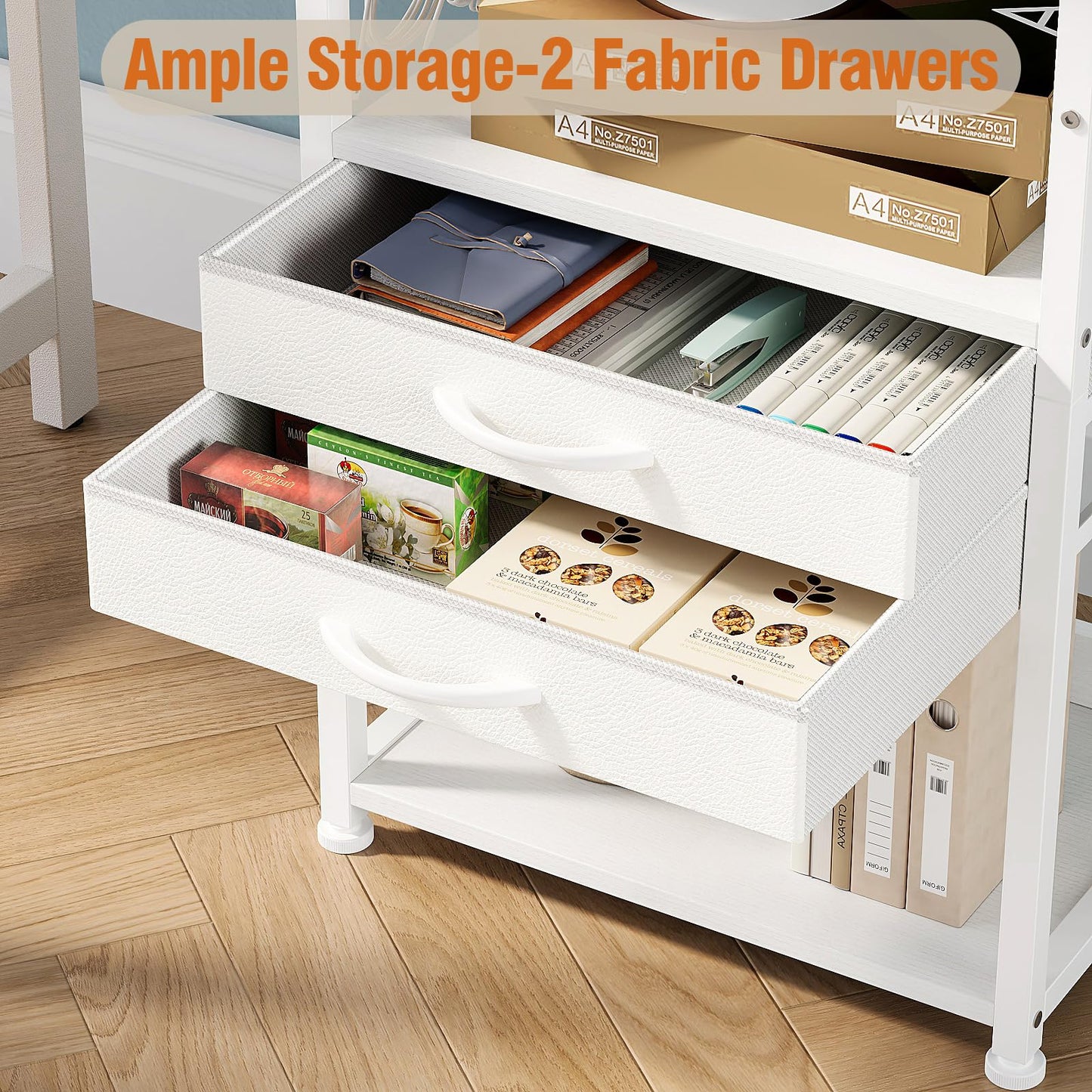 VENNQD Large Printer Stand with Storage Fabric Drawer Under Desk Printer Table with Wheels for Home Office, Printer Cart fit Fax Machine Scanner (White, 3 Tiers)