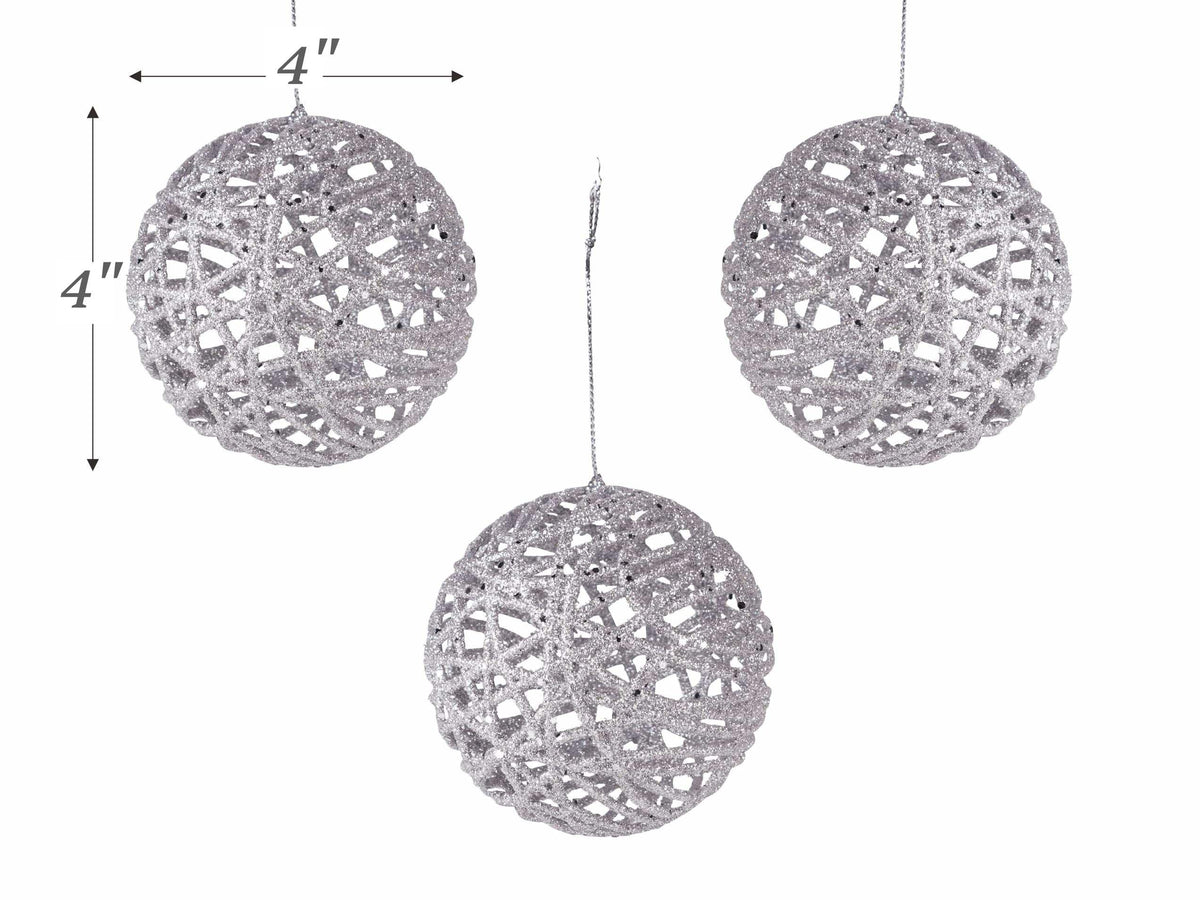 Christmas Traditions 4 inch Silver Glittered Rattan Ball Ornaments Hanging Tree Decorations (Set of 6)