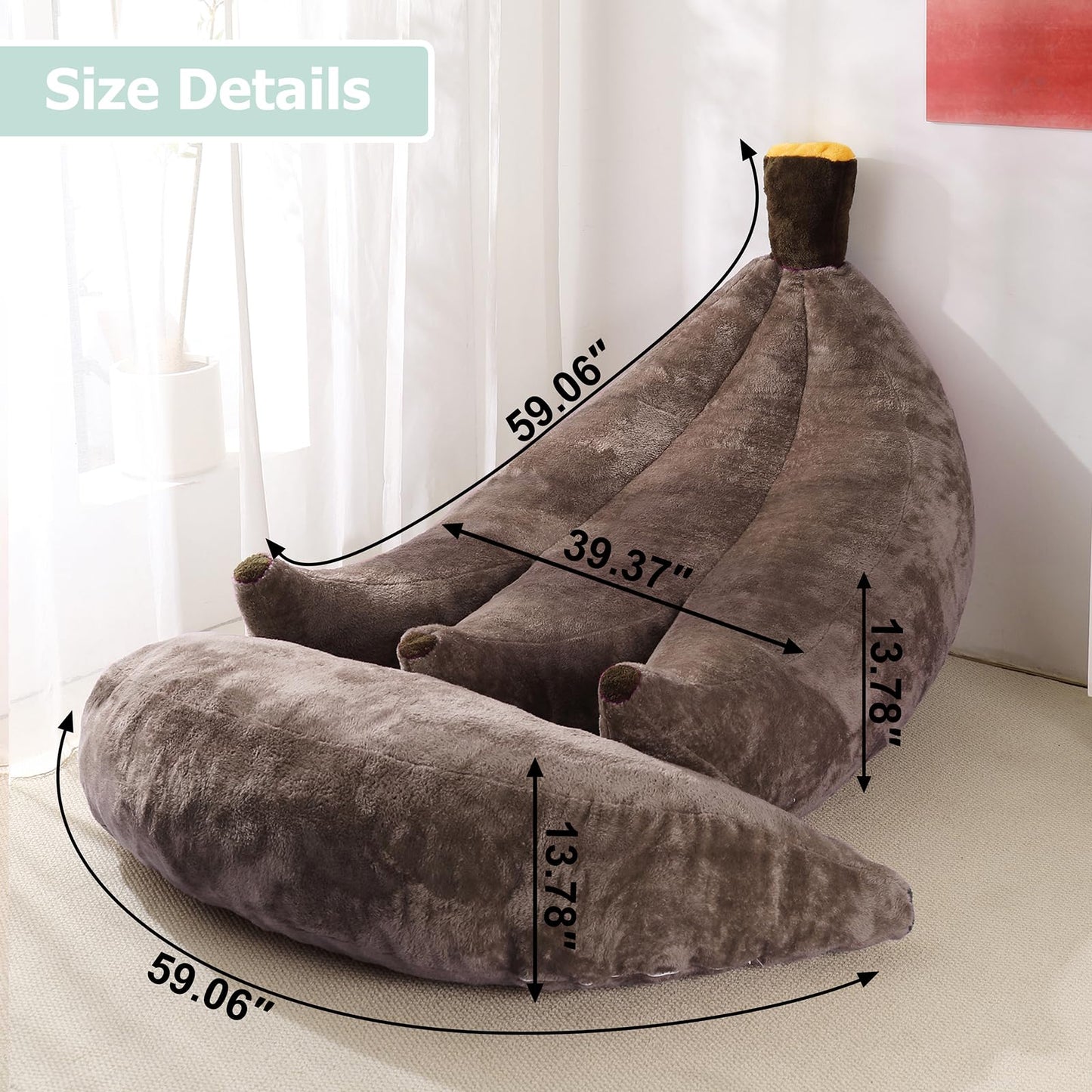IEVENW Banana Bean Bag Chair with Ottoman, Floor Sofa Bed with Footrest, Comfy Convertible Lounger for Adults, Plush Couch for Bedroom, Living Room or Dorm, L-Coffee