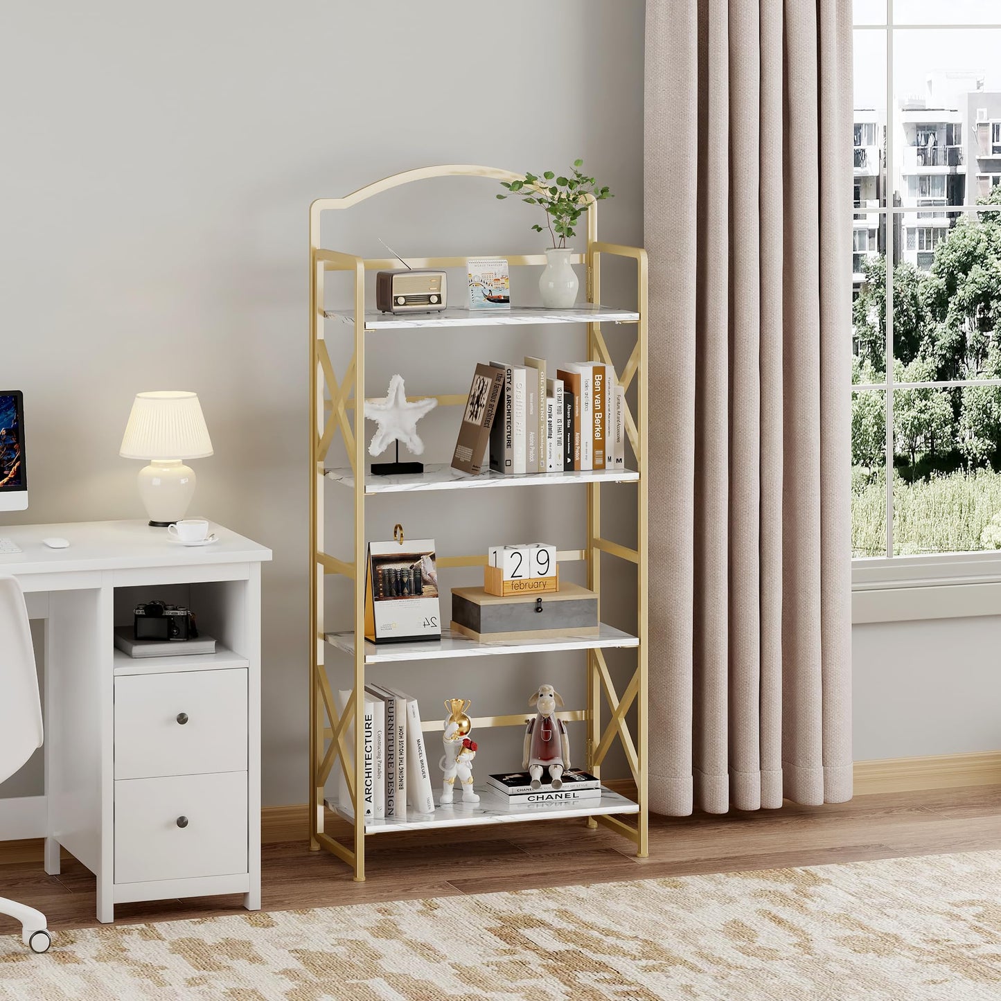 BHG Vintage Multifunctional Folding Bookshelf, No-Assembly Plant Stand Storage Rack Shelves for Home Office