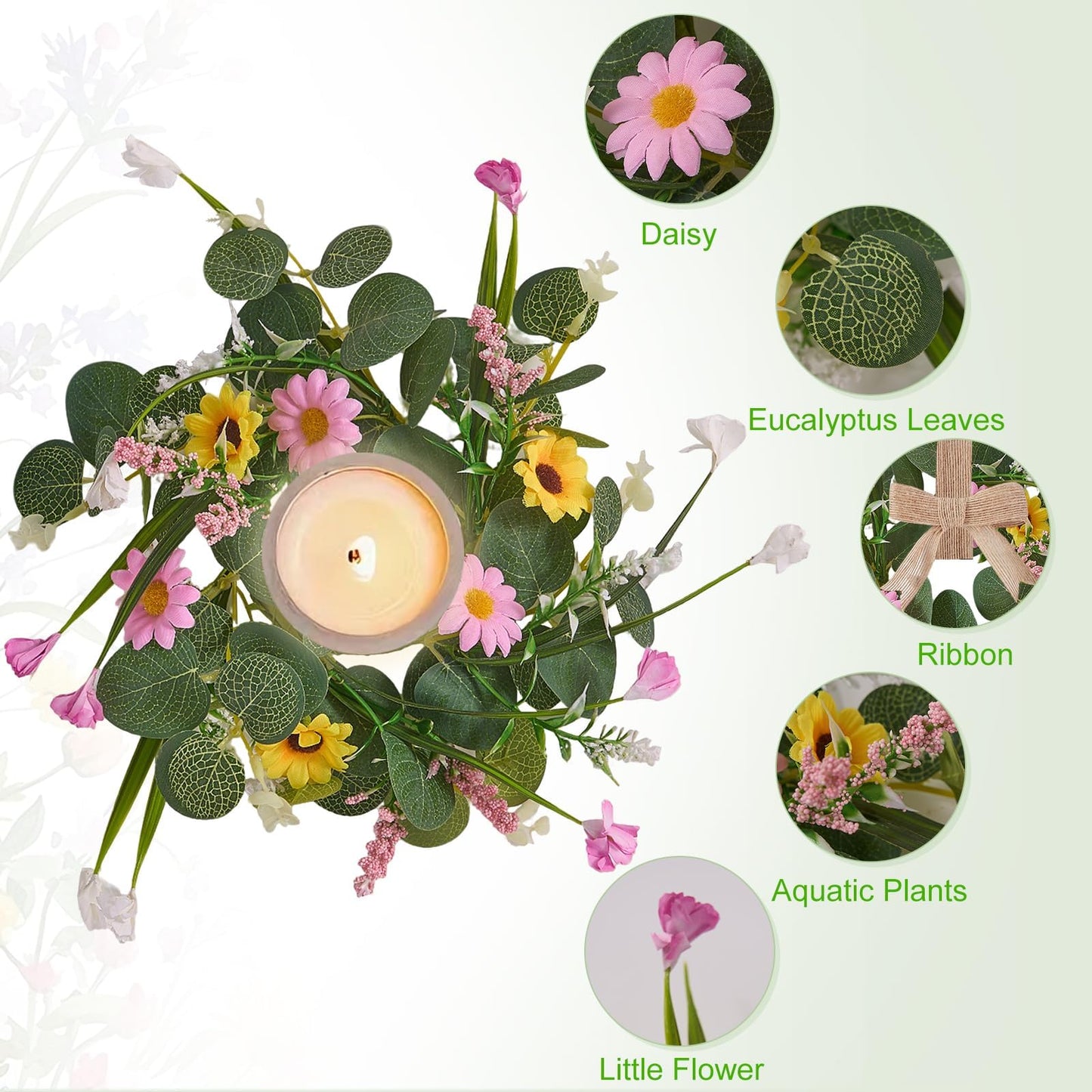 Spring Summer Wreath 6Pcs, 11.8 Inch Summer Wreath with Ribbon, Artificial Daisy Eucalyptus Leaves Grass Wreath, Hanging/Tabletop/Candle Ring Decor for Home Front Door, Porch, Wall, Window, Cabinets