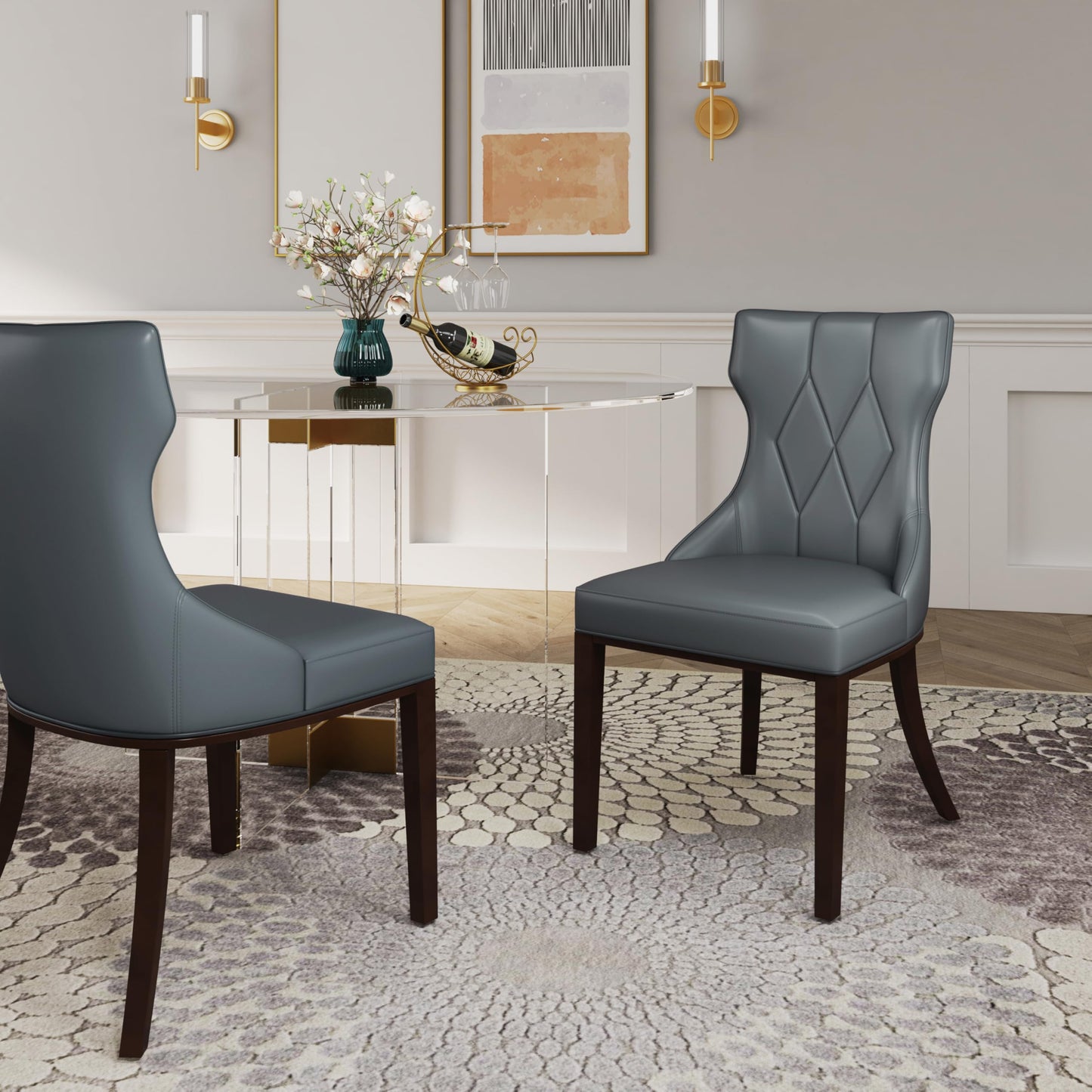 Manhattan Comfort Reine Dining Chairs Set of 2, Upholstered Seats with Diamond Stitching, Solid Beech Wood Frame, 4-Leg Base, 18.5" Seat Height, Fully Assembled, Pebble Grey