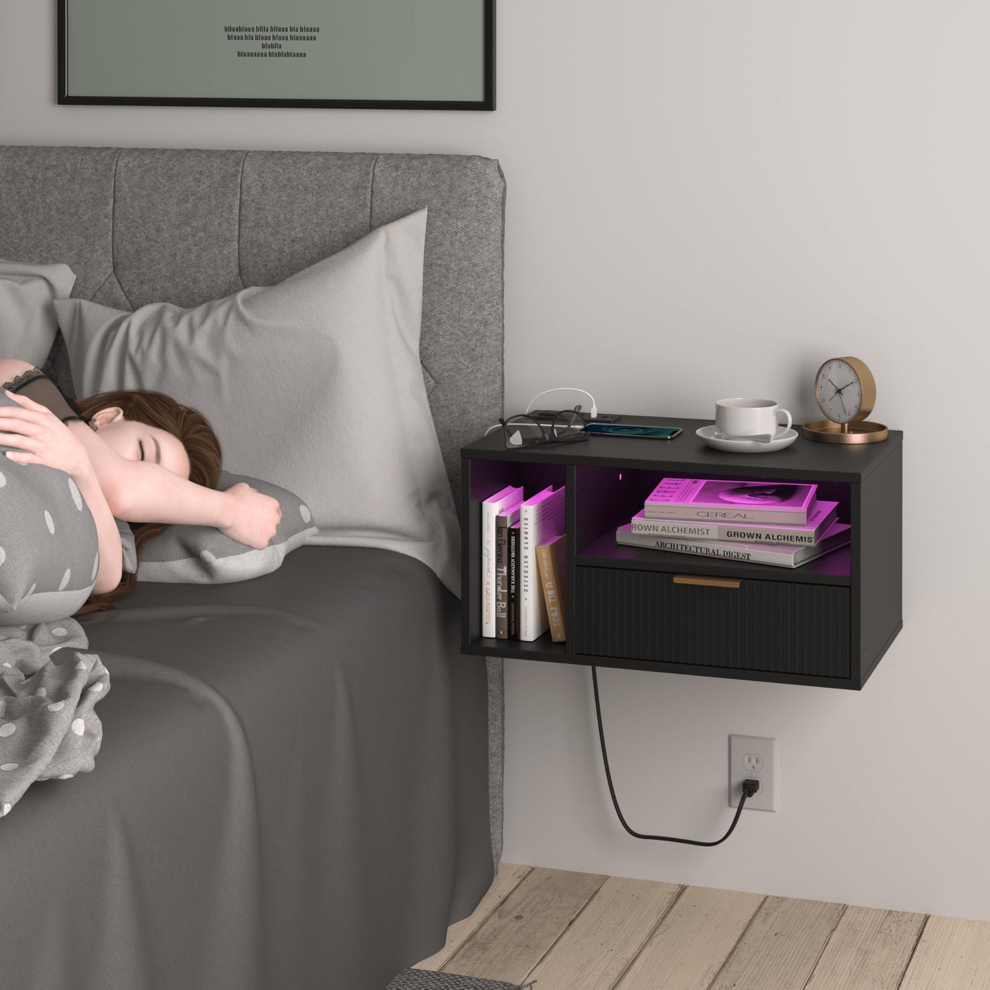 Veegle Black Floating Nightstand with Charging Station and LED Lights,Black