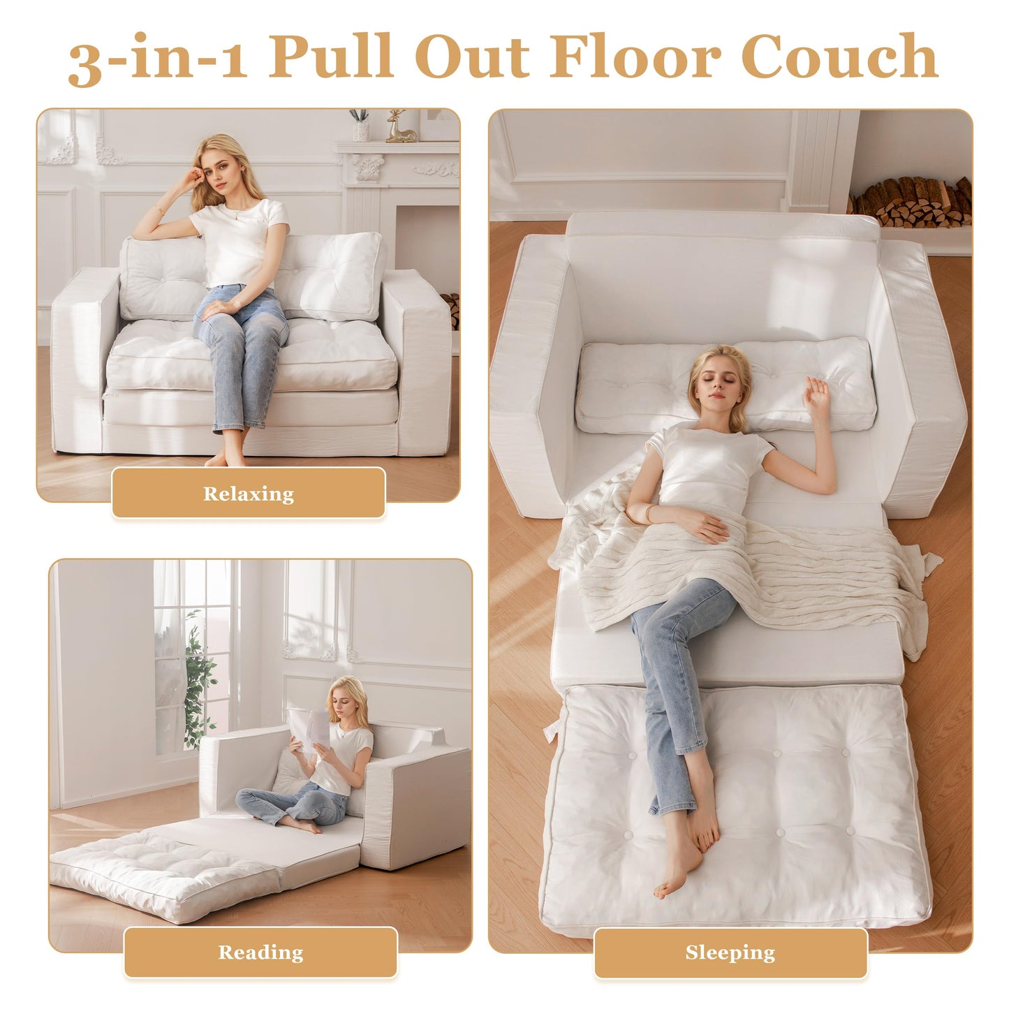 YOSHOOT Loveseat Boneless Couch,55" Convertible Sofa Bed Futon Couches for Living Room,3-in-1 Pull Out Floor Couch with Backrest and Pillows, White