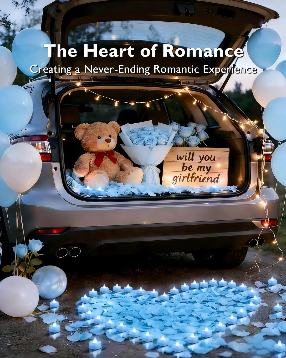 Amagic 2000 Pieces Light Blue Artificial Rose Petals with 24 Light Blue LED Tea Lights, Rose Petals and Candles Set for Proposal, Anniversary, Romantic Night, Wedding Decor
