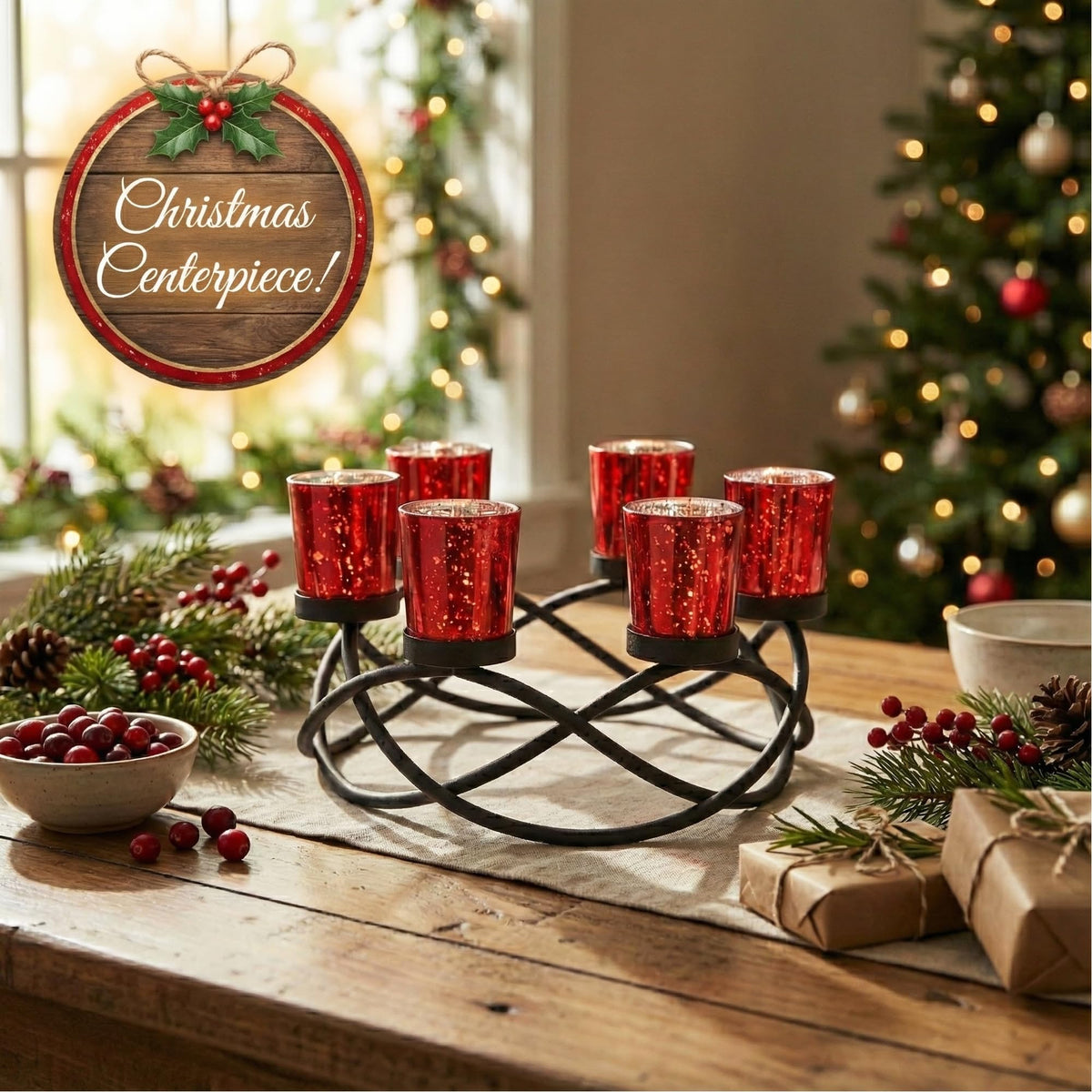 Seraphic Centerpieces for Table Decorations - Round Candle Holders for Outdoor Patio, Dining, Kitchen, Coffee & Wedding Table Decor, Black Iron Candelabra, 6 Red Glass Votive Tealight Cups