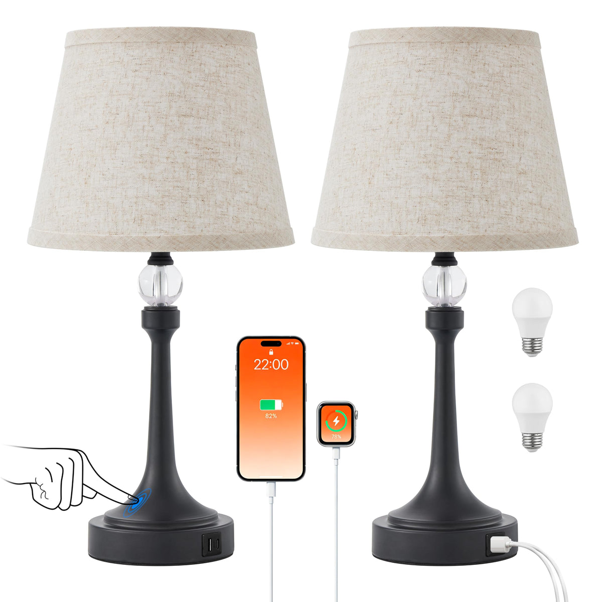 Leasgy 19.7'' Touch Table Lamps for Living Room, Small Lamp for Bedroom with USB C+A Ports, Dimmable Touch Lamps Set of 2, Reading Desk Lamp for Office, Metal Bedside Lamps, Bulbs Included, Black