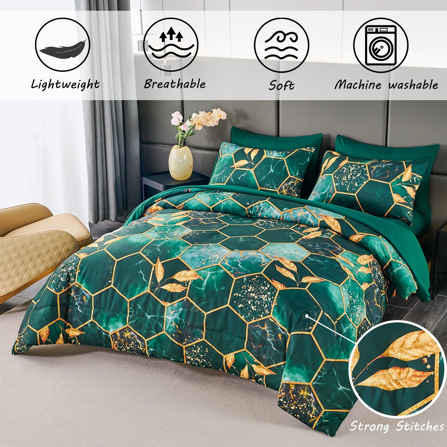 ZRNBAST Dark Green King Size Comforter Set Geometric Honeycomb-7 Piece Bedding Set with Gold Trim Print Pattern All Season Marble Hexagon Bed in A Bag with Sheets (Emerald Green, King)