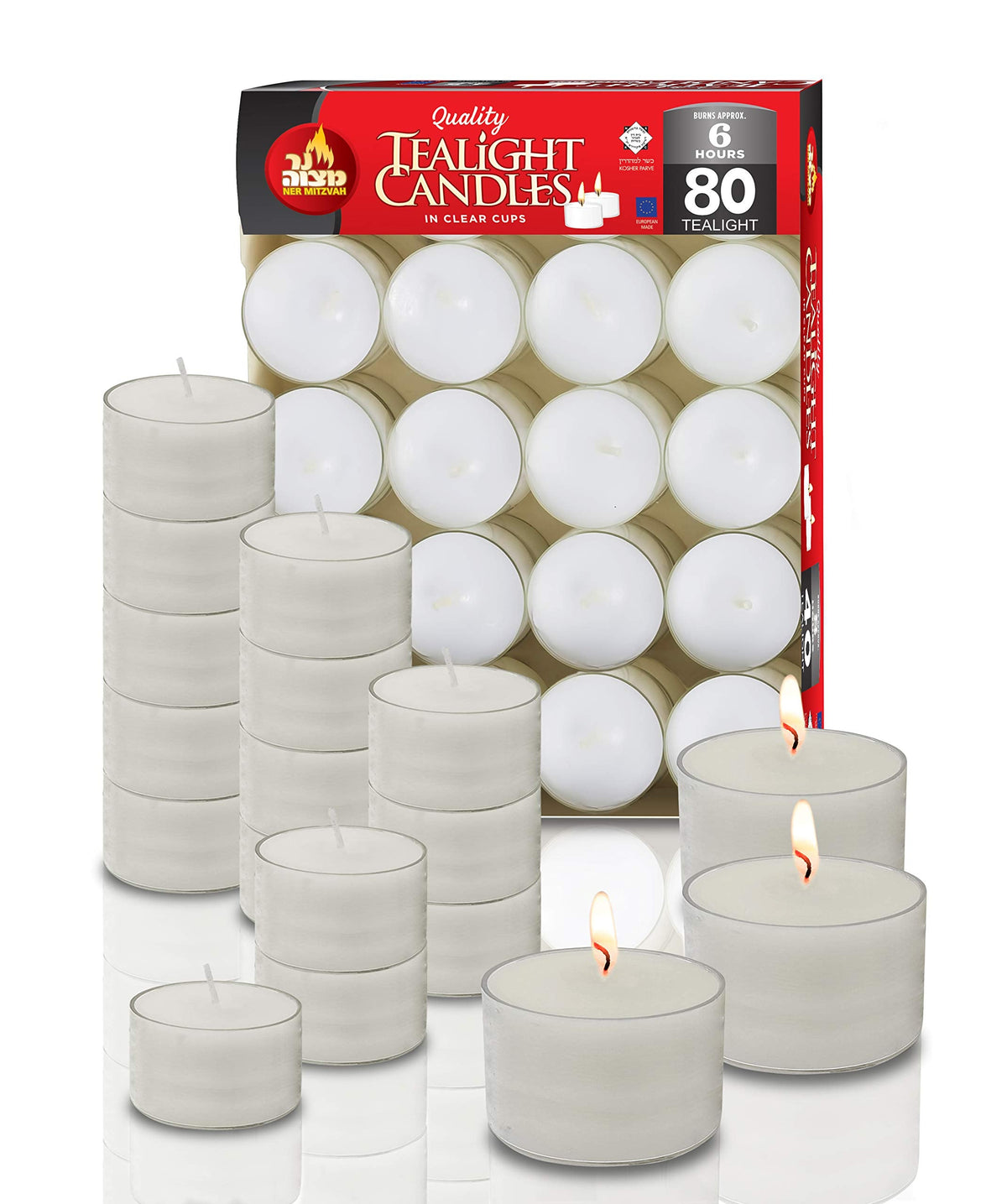 Ner Mitzvah Long Lasting Tealight Candles - 6 Hours - White in Clear Cups - Unscented - 80 Pack - Made in EU