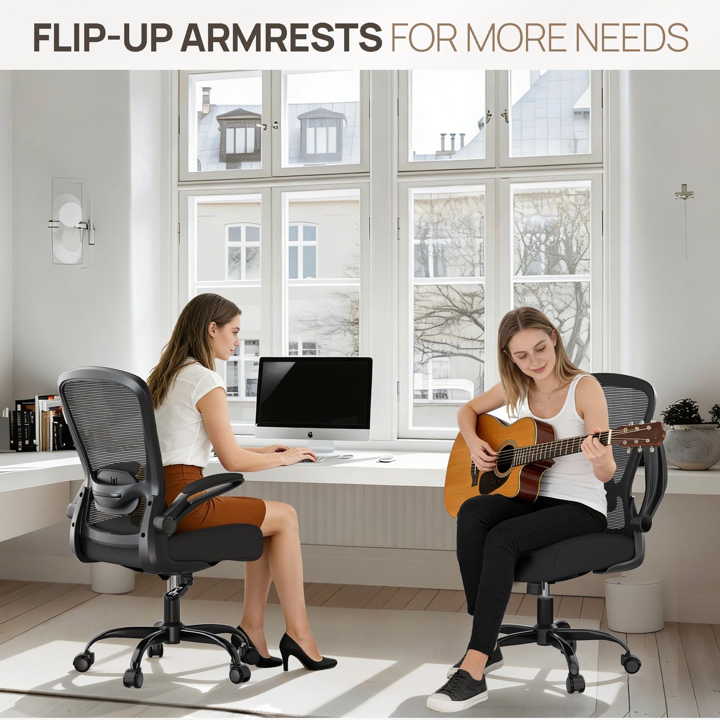 Mimoglad Ergonomic Office Chair - Desk Chair with Flip-up Armrests & 135° Recline, Adjustable Lumbar Support - Space-Saving Task Chair for Business/Team Office & Home (Black, 350lbs)