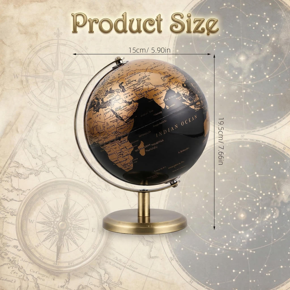 JOINPAYA 6 Inch Small World Globe with Antique Bronze Stand Black Gold Earth Desktop Decor for Kids & Adults Geography Learning Globe for Home Office Classroom