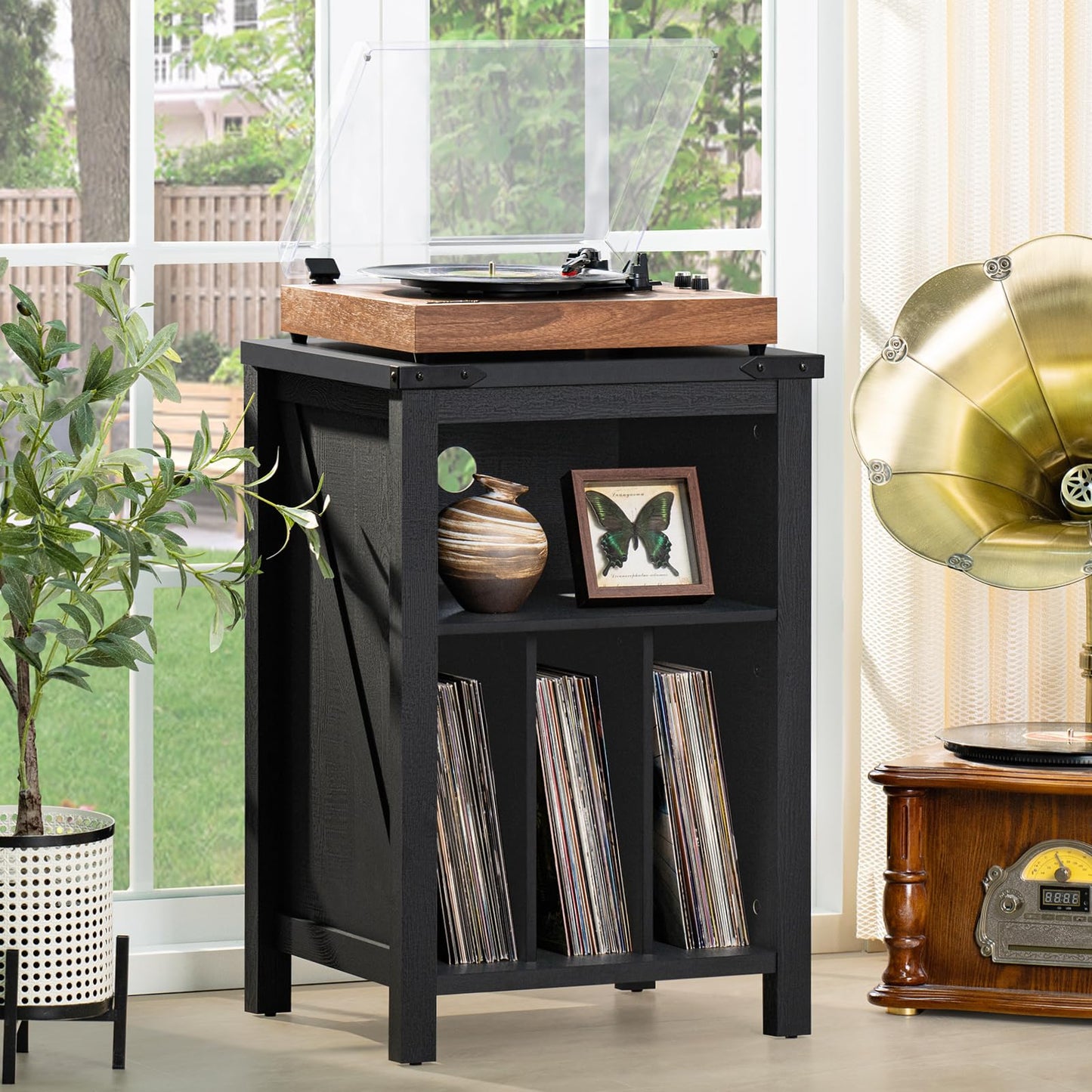 Joaxswe Record Player Stand with Vinyl Record Storage,Black Record Player Table Holds up to 160 Albums,Large Wood Turntable Stand Cabinet Dispaly Shelf for Living Room,Bedroom,Office