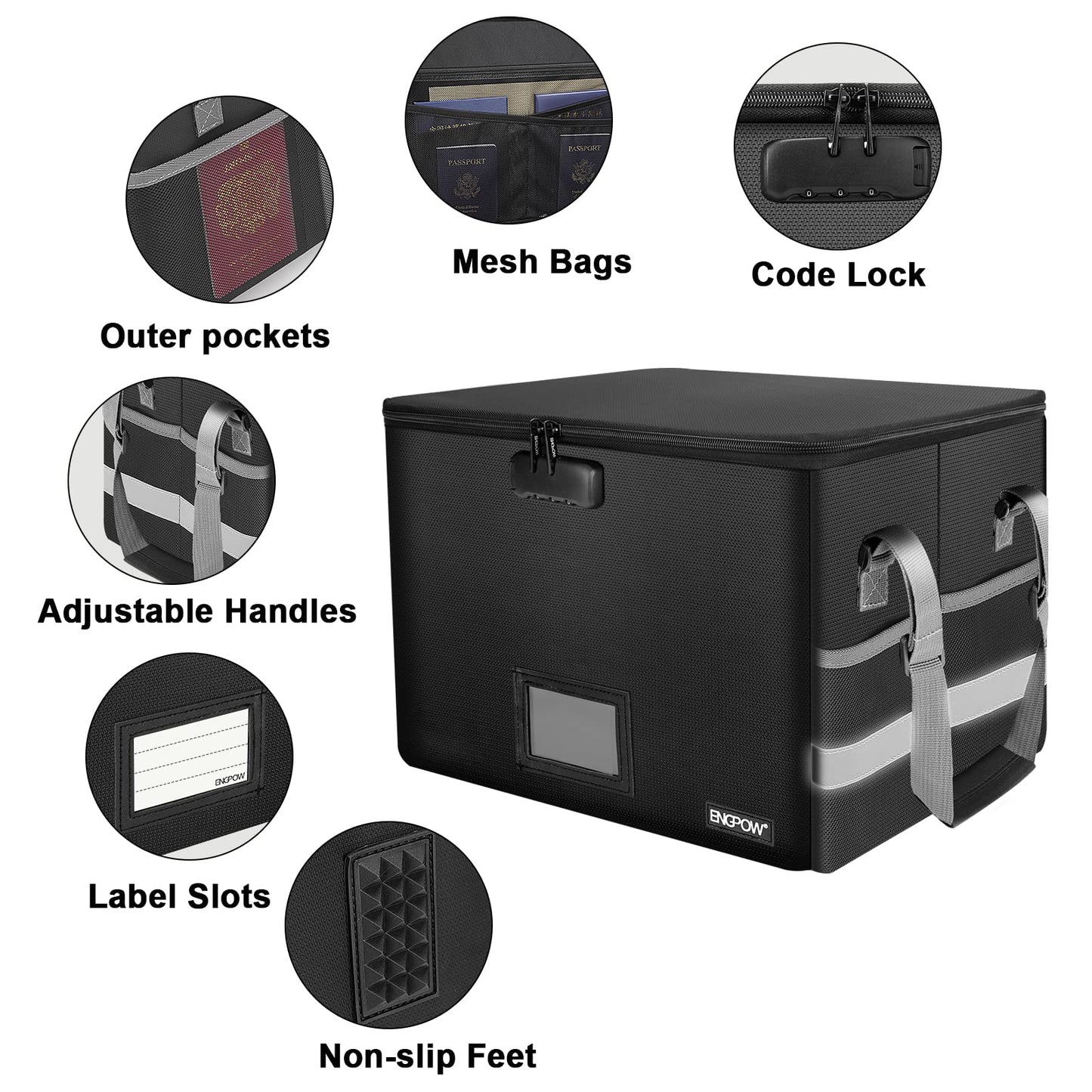 ENGPOW File Box with Lock, Fireproof Document Box with Pockets, Collapsible File Organizer Filing Storage Cabinet with Handle, Portable Home Office Safe for Hanging Letter/Legal Folders,Black,2 Pack