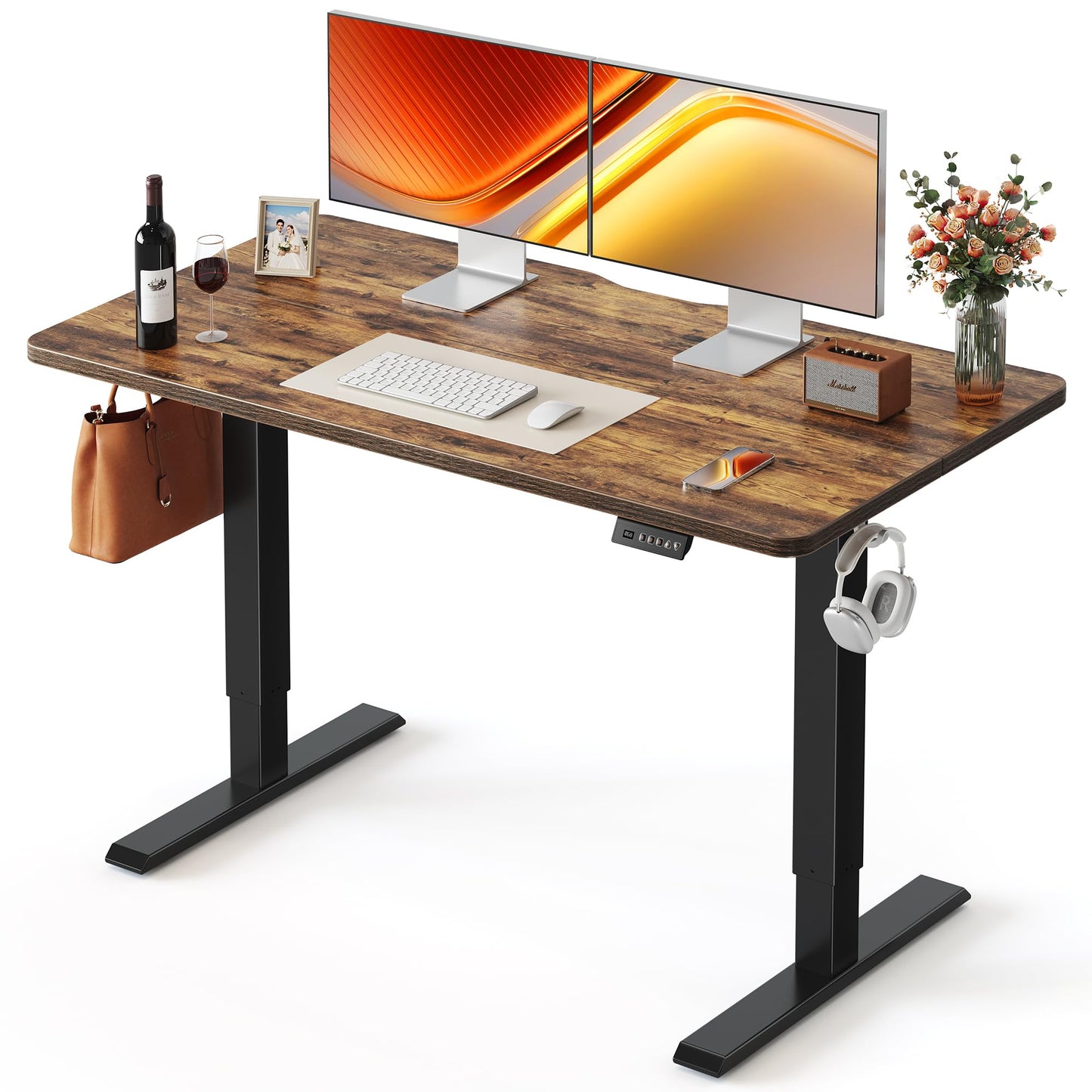 FEZIBO 48 x 24 Inchs Electric Standing Desk, Height Adjustable, Sit Stand Up, Computer Office Desk with Splice Board, Black Frame/Rustic Brown Top