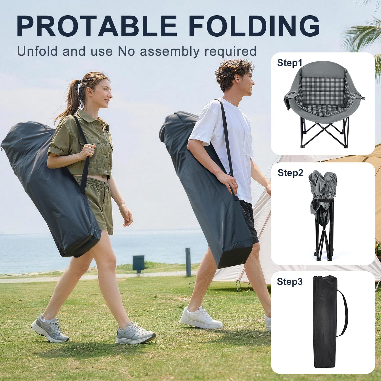 Oversized Camping Chairs for Adult - Heavy Duty Padded Portable Folding Chair XL Collapsible Camp Chair with Cup Holder Side Pocket for Outdoor Lawn Beach Sport Fishing Support 500LBS, Plaid 2 Pack