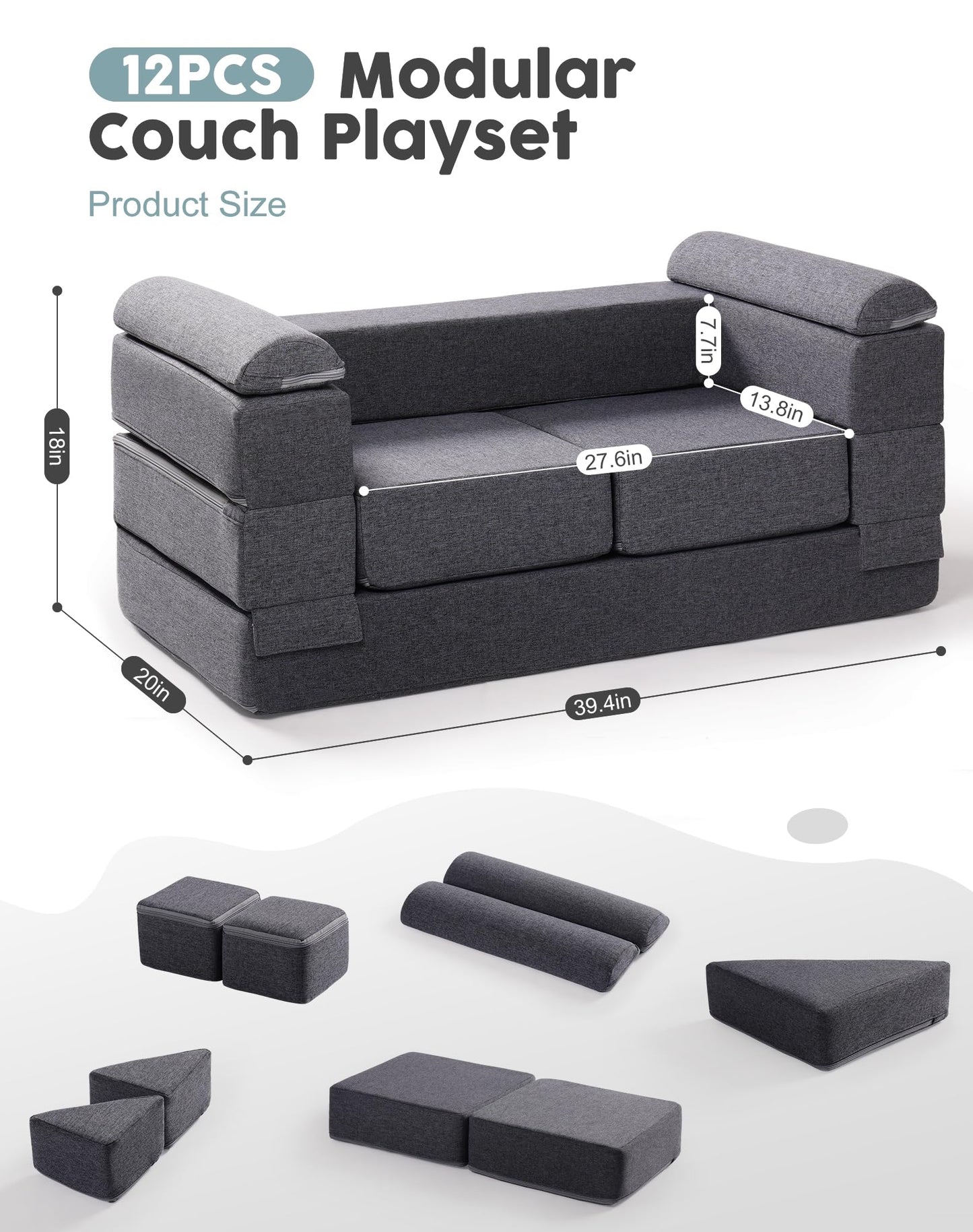 ROBUD Kids Couch, Gray Modular Kids Play Couch, DIY-Style & Washable Toddler Sofa for Playroom, Bedroom, Nursery, WG412