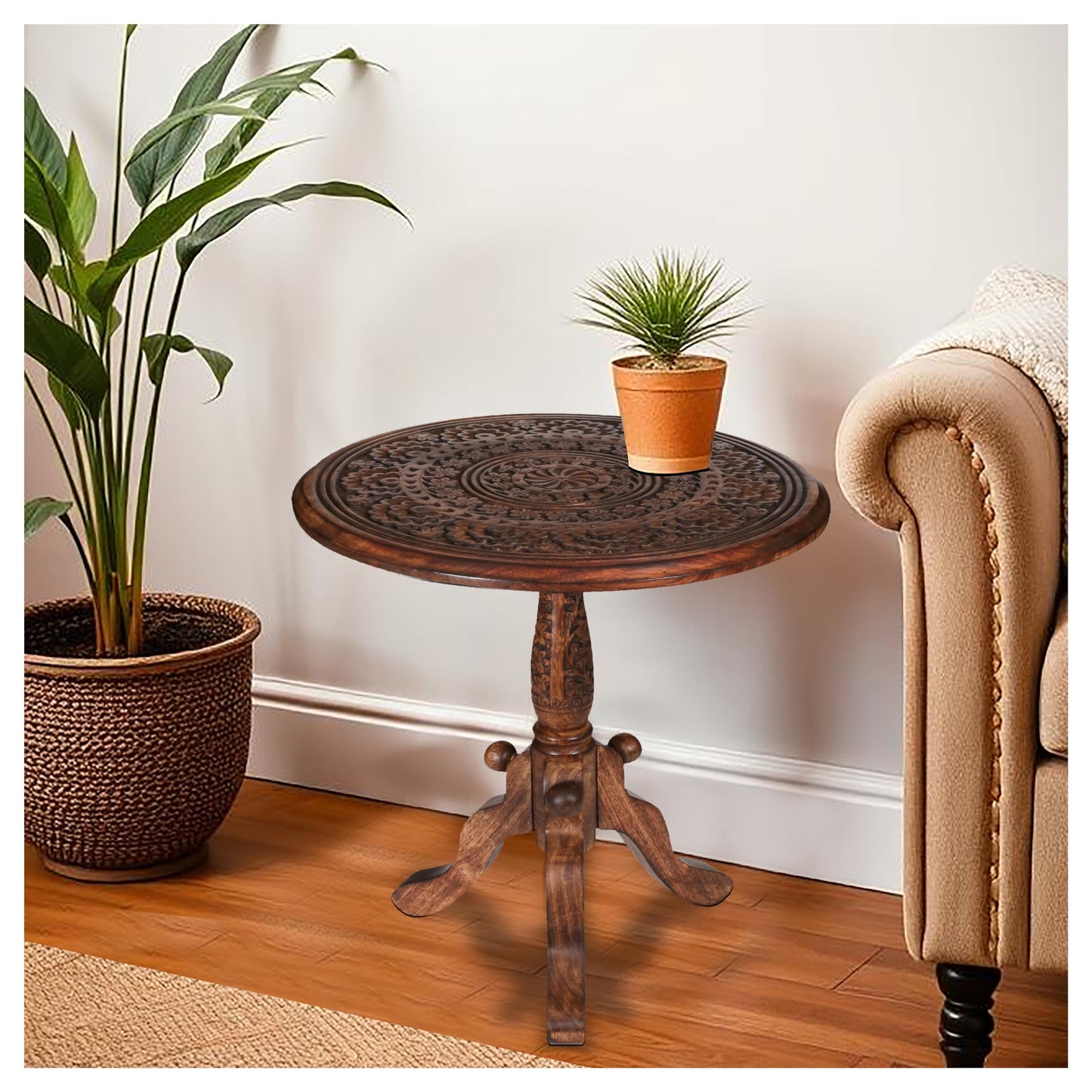 The Wooden Town Handcrafted Carved Round Side Table – 18x21 Inch Coffee Table for Living Room | Solid Wood Accent End Table with Pedestal Base | Altar Table for Home Décor