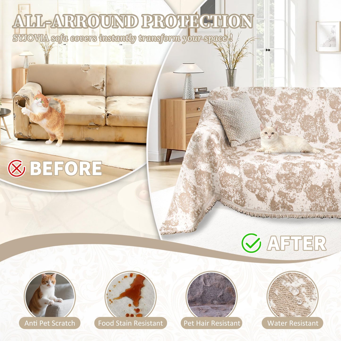 SYJOVIA 1OO% Waterproof Sectional Couch Covers for Dogs L Shaped Corner Sofa Cover Washable Chenille Sofa Slipcovers Blanket Modern Jacquard Pet Furniture Protector (91"x252", Khaki Flower Shadow)